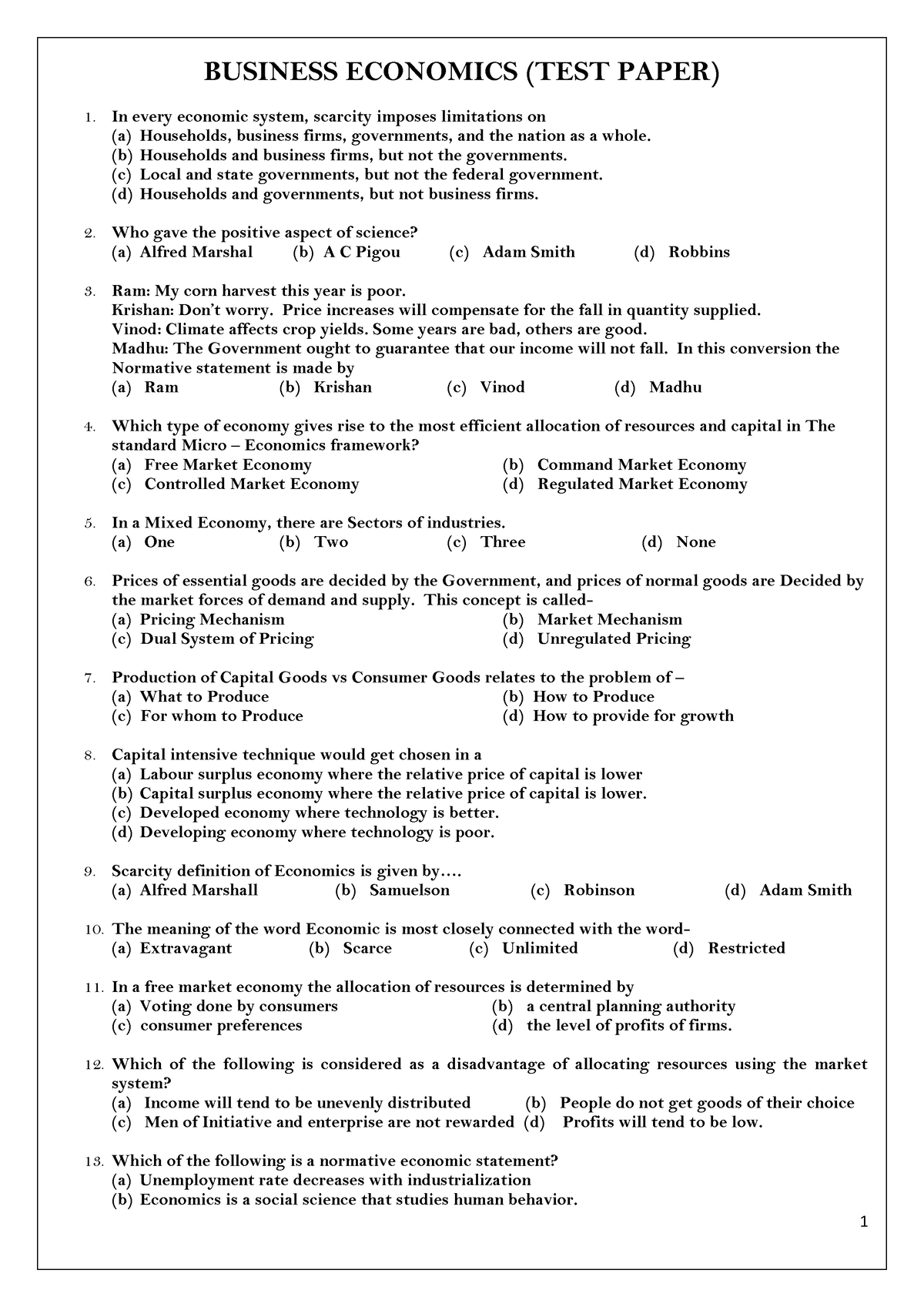 Business Economics test que paper - 1 BUSINESS ECONOMICS (TEST PAPER ...