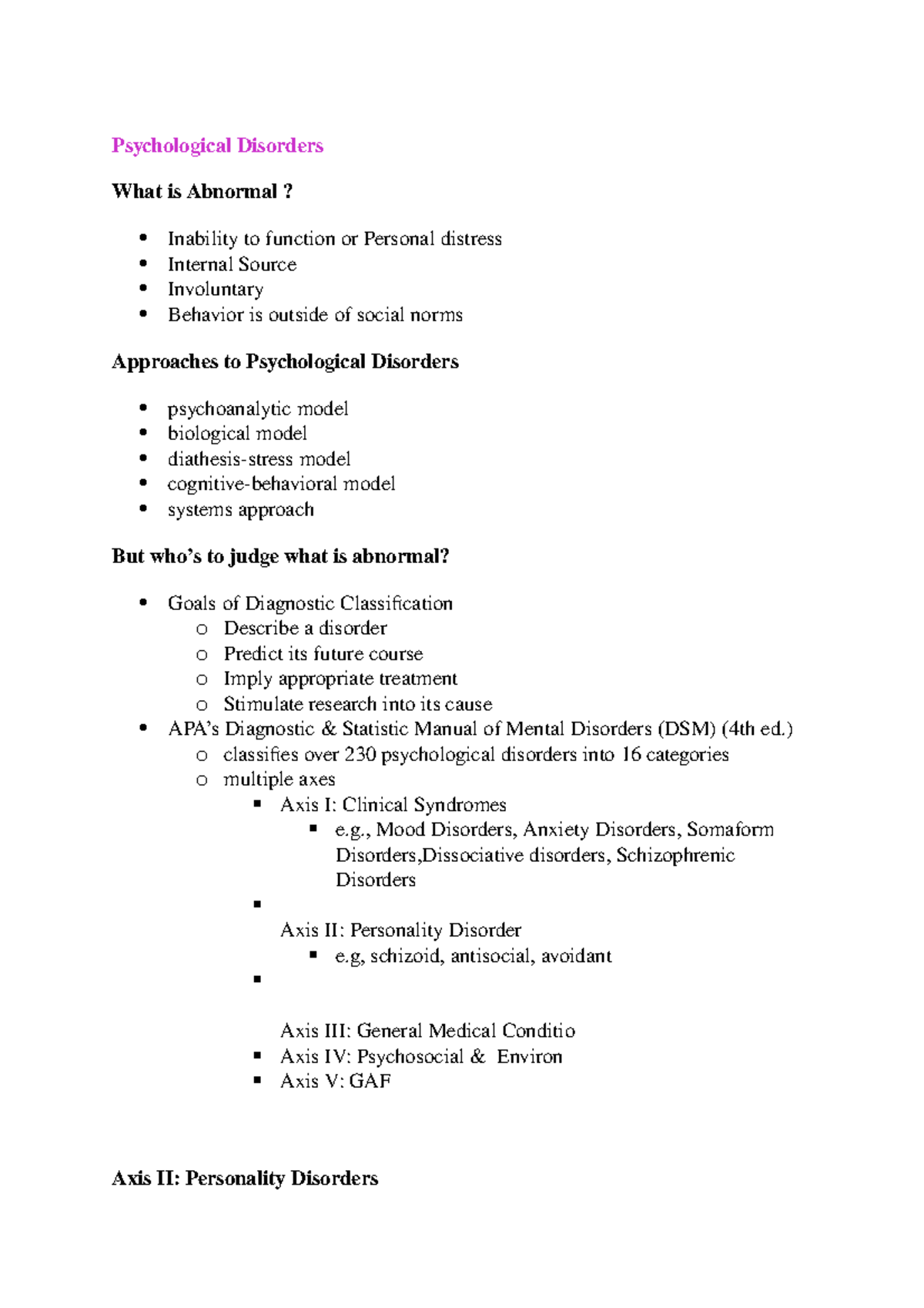 Cognitive psychology lecture notes - Psychological Disorders What is ...