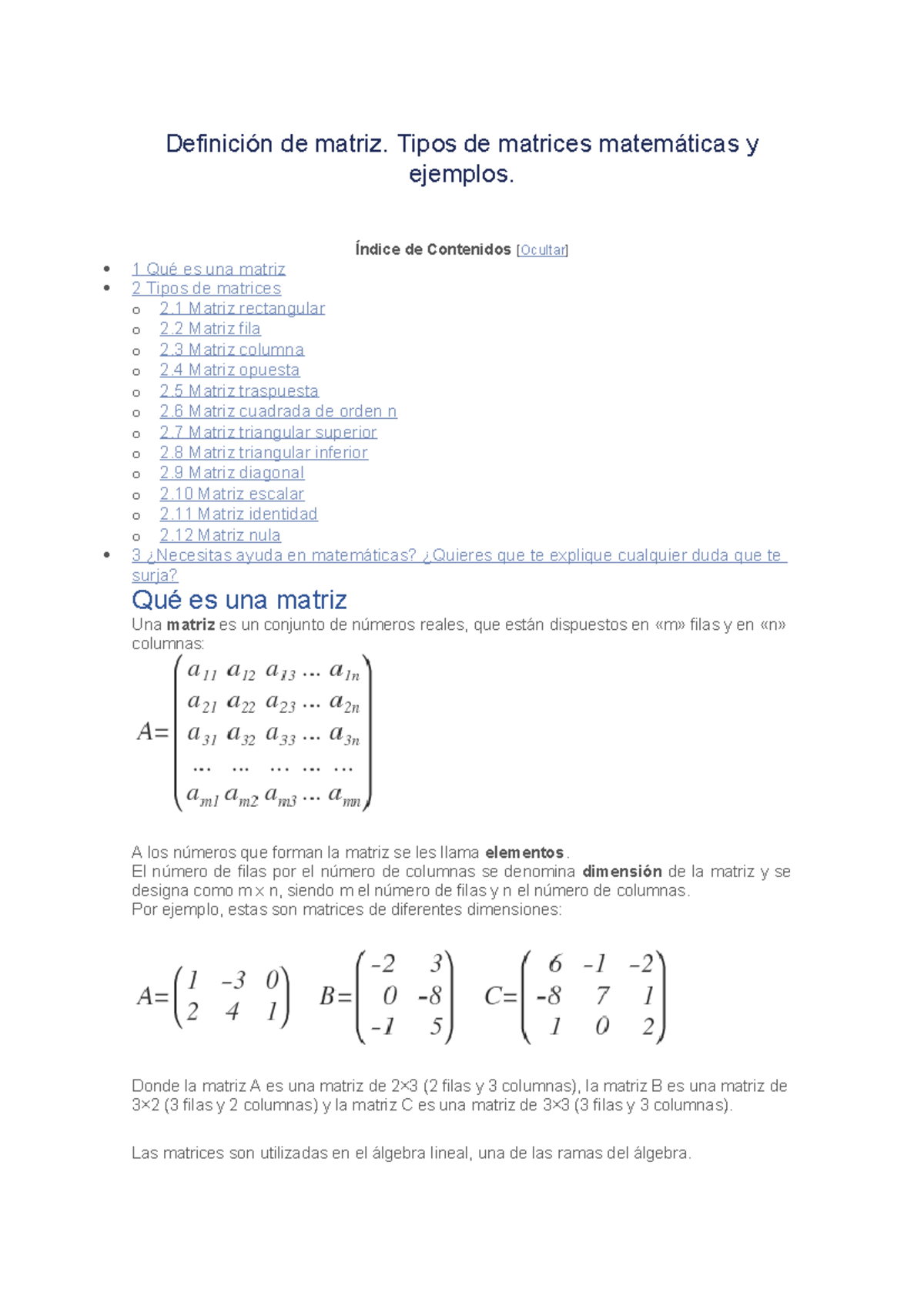 Documento (2) - Definición de matriz. Tipos de matrices matemáticas y ...