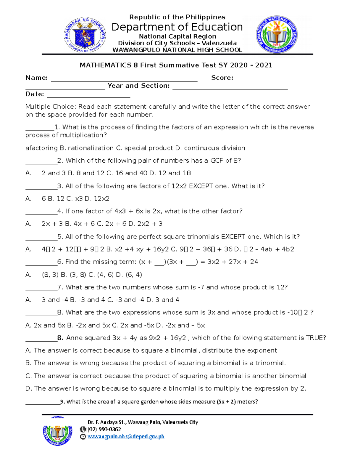 MATH 8 Wawangpulo NHS - NOTES - Republic of the Philippines Department ...