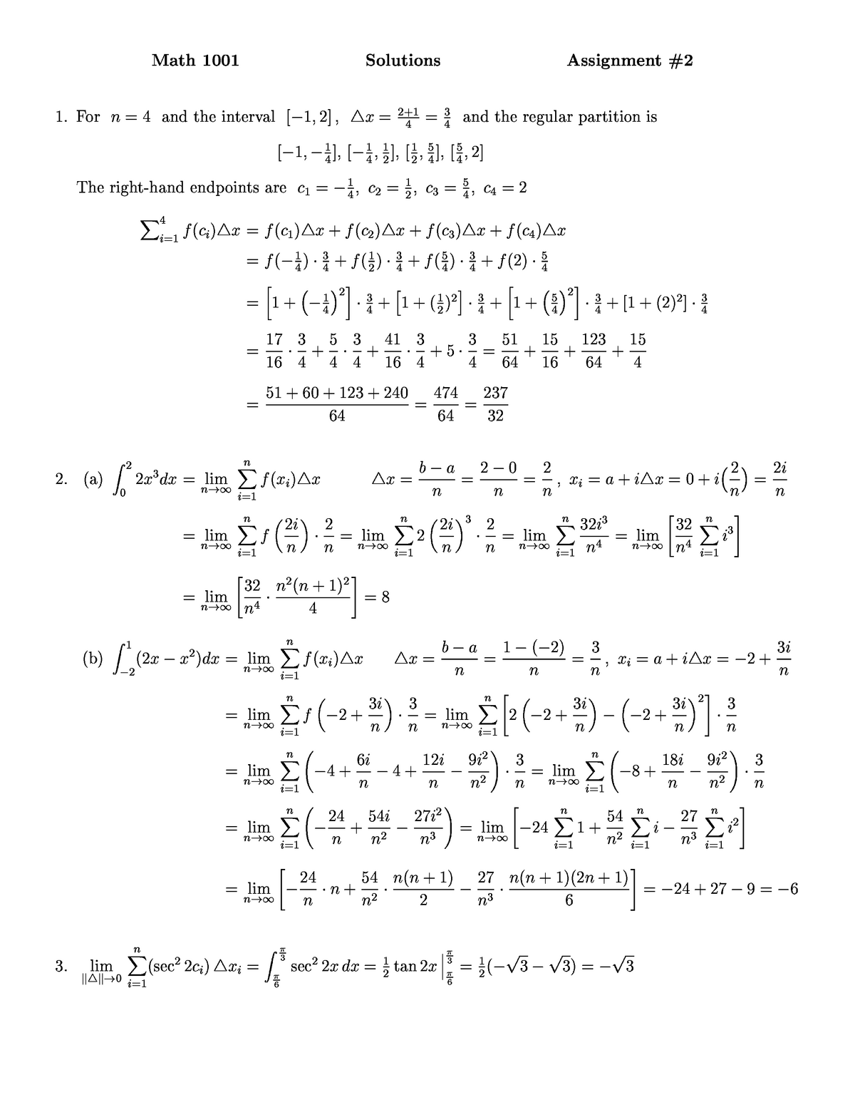 1001 Assn 2 Assignment Solutions Math 1001 Calculus Ii Studocu