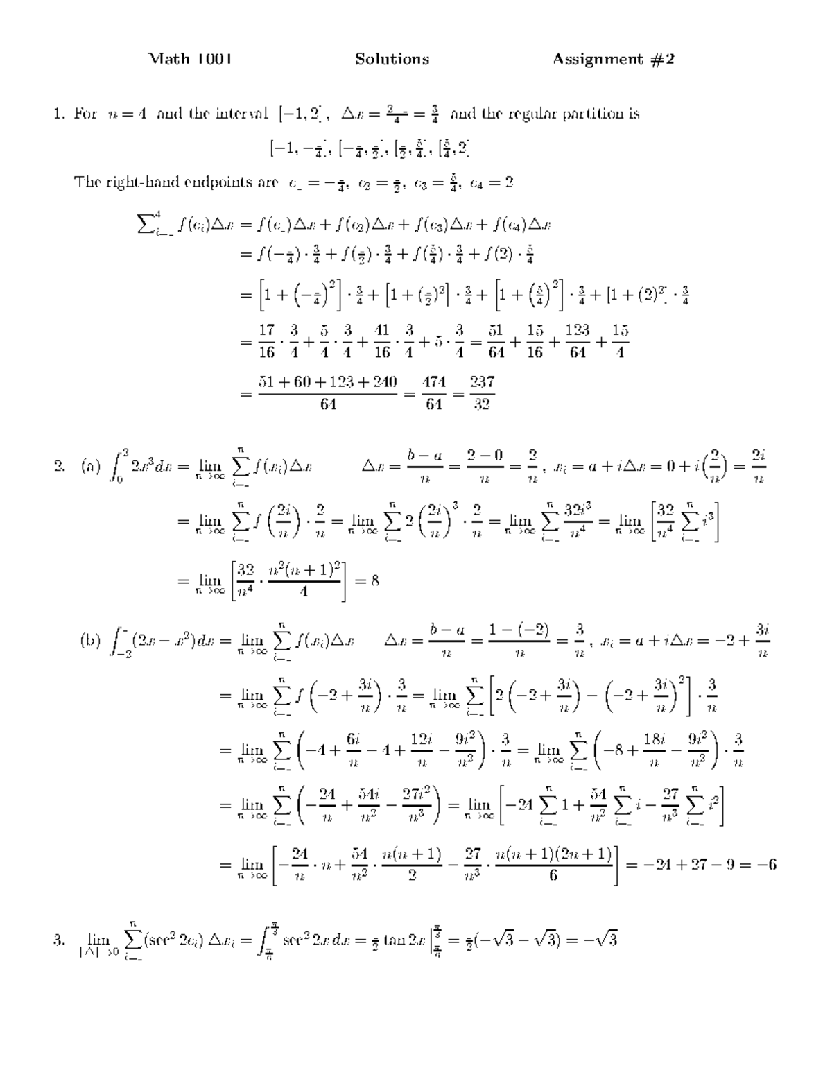 1001 Assn 2 Assignment Solutions Math 1001 Calculus Ii Studocu