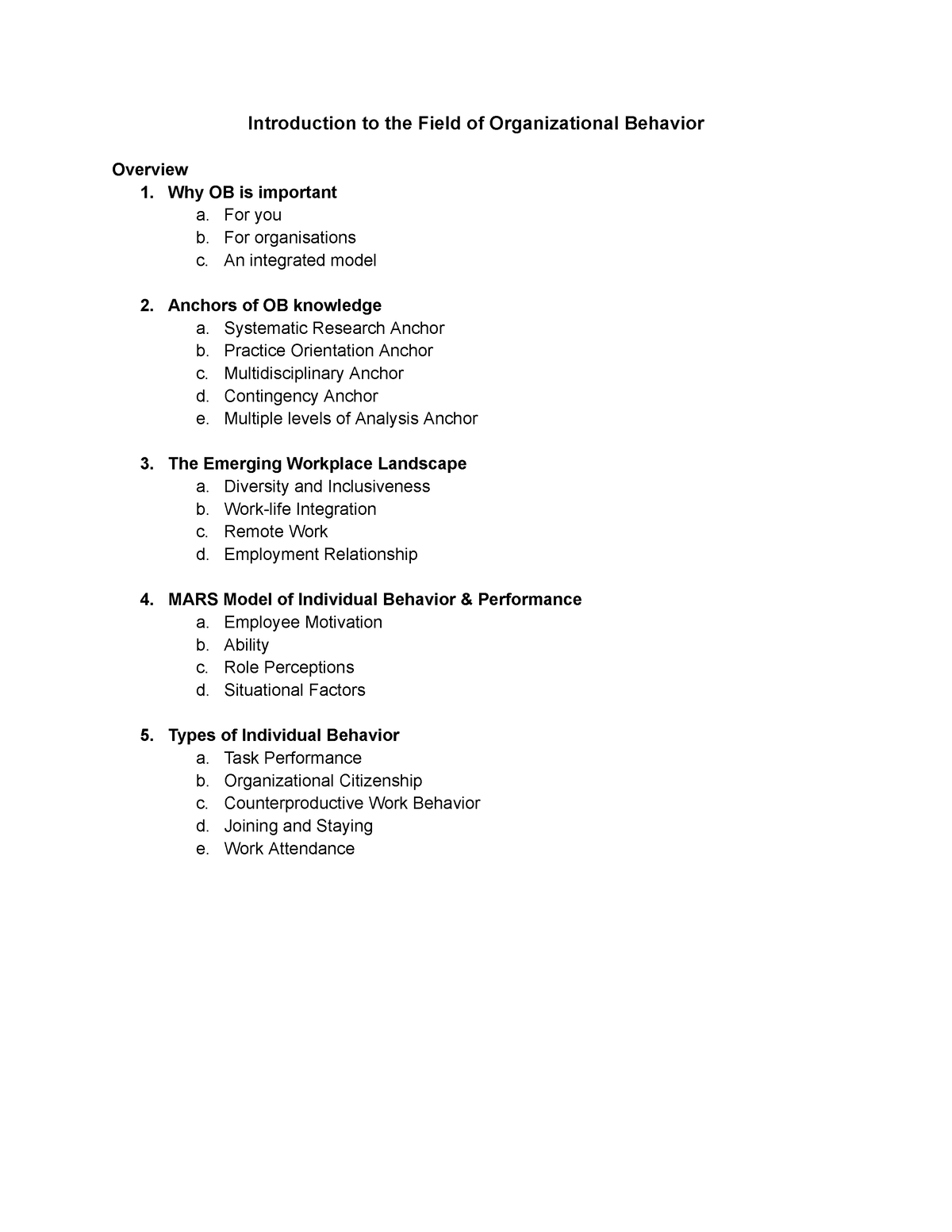 Ob Week 1 Notes - Introduction To The Field Of Organizational Behavior ...