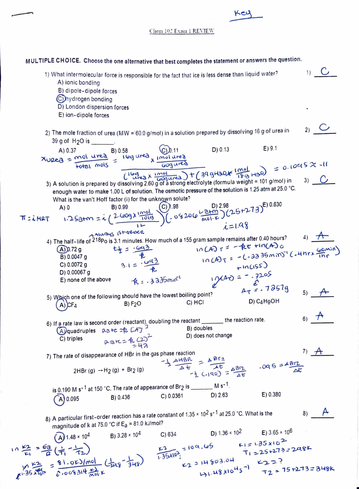 Chem 102 Exam 1 Review - Chem 102 Exam I REYTE\. MUL T IP LE CHOIC E ...