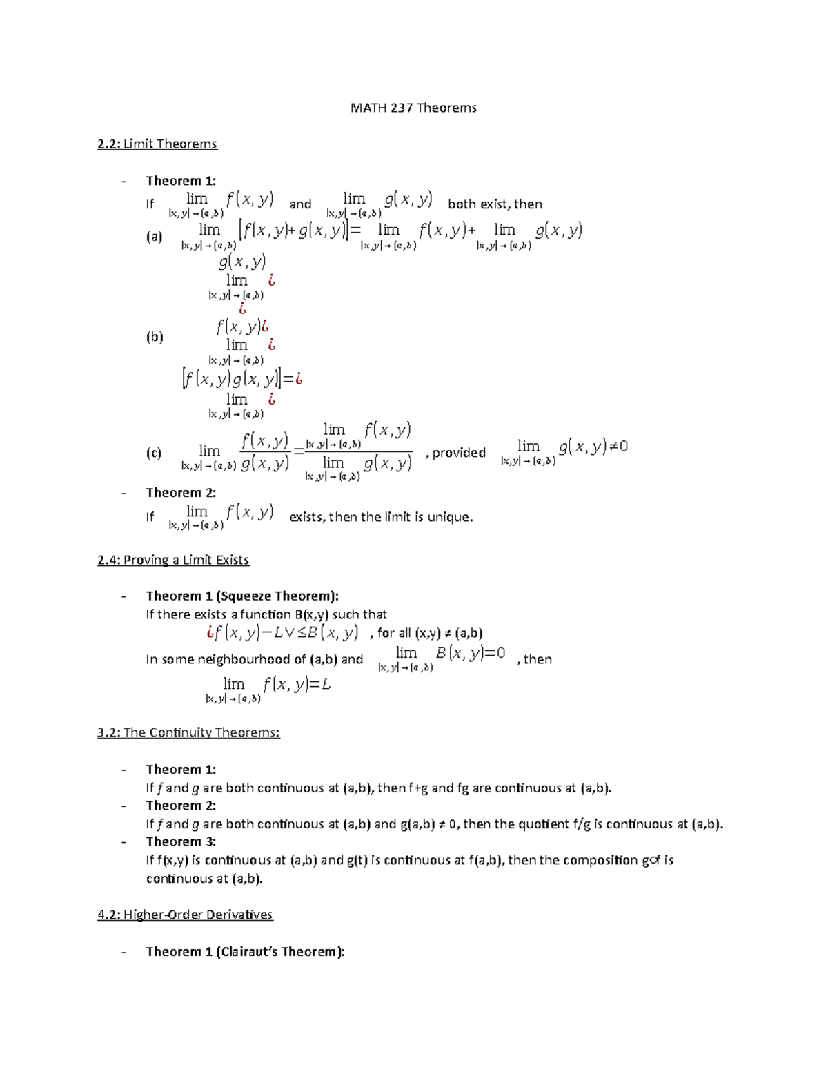 MATH 237 Theorems - MATH 237 Theorems 2: Limit Theorems Theorem 1: F ...