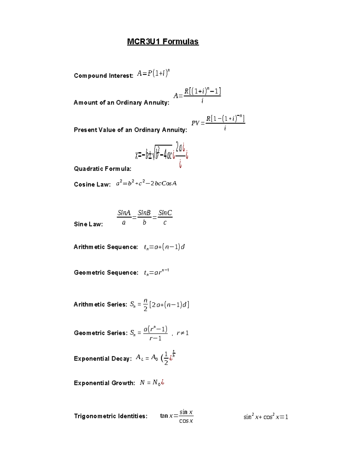 MCR3U Final Exam Formula Sheet 3 - MCR3U1 Formulas Compound Interest: A ...