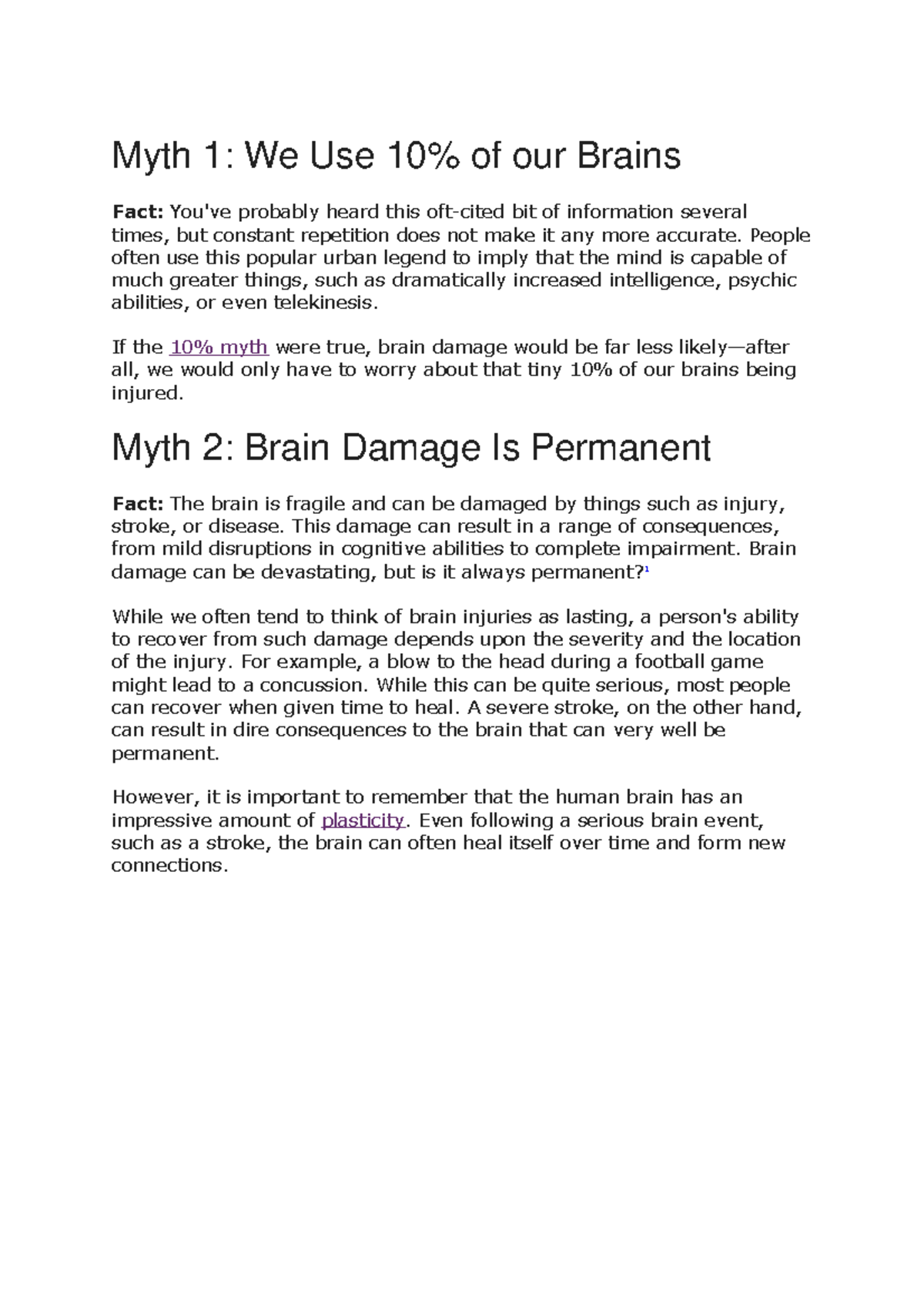 Myths About The Brain 1 - Lecture Notes 3 - Myt H 1: We Use 10% Of Our ...