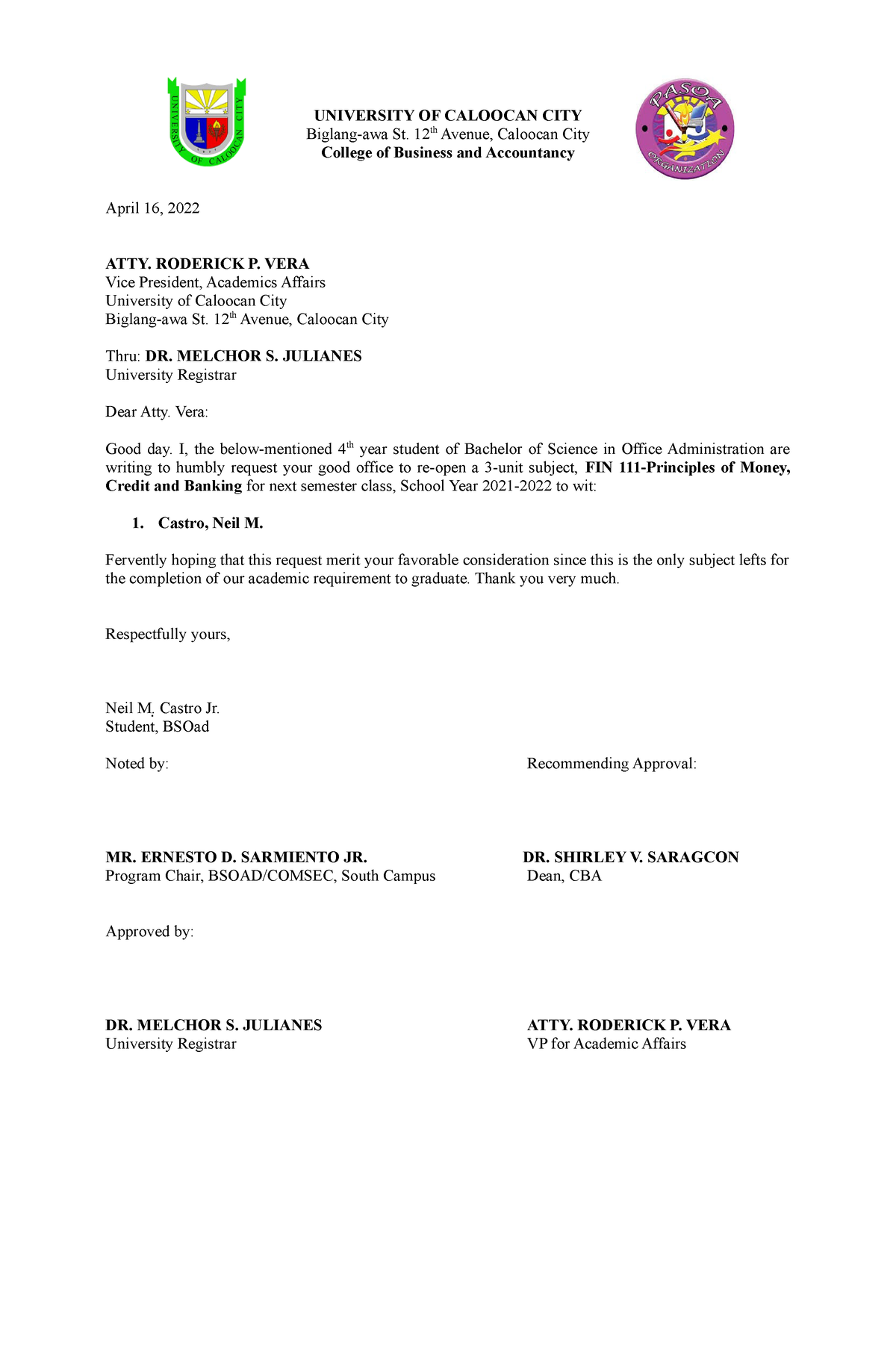 Request Letter For Next Semester Class New - UNIVERSITY OF CALOOCAN ...