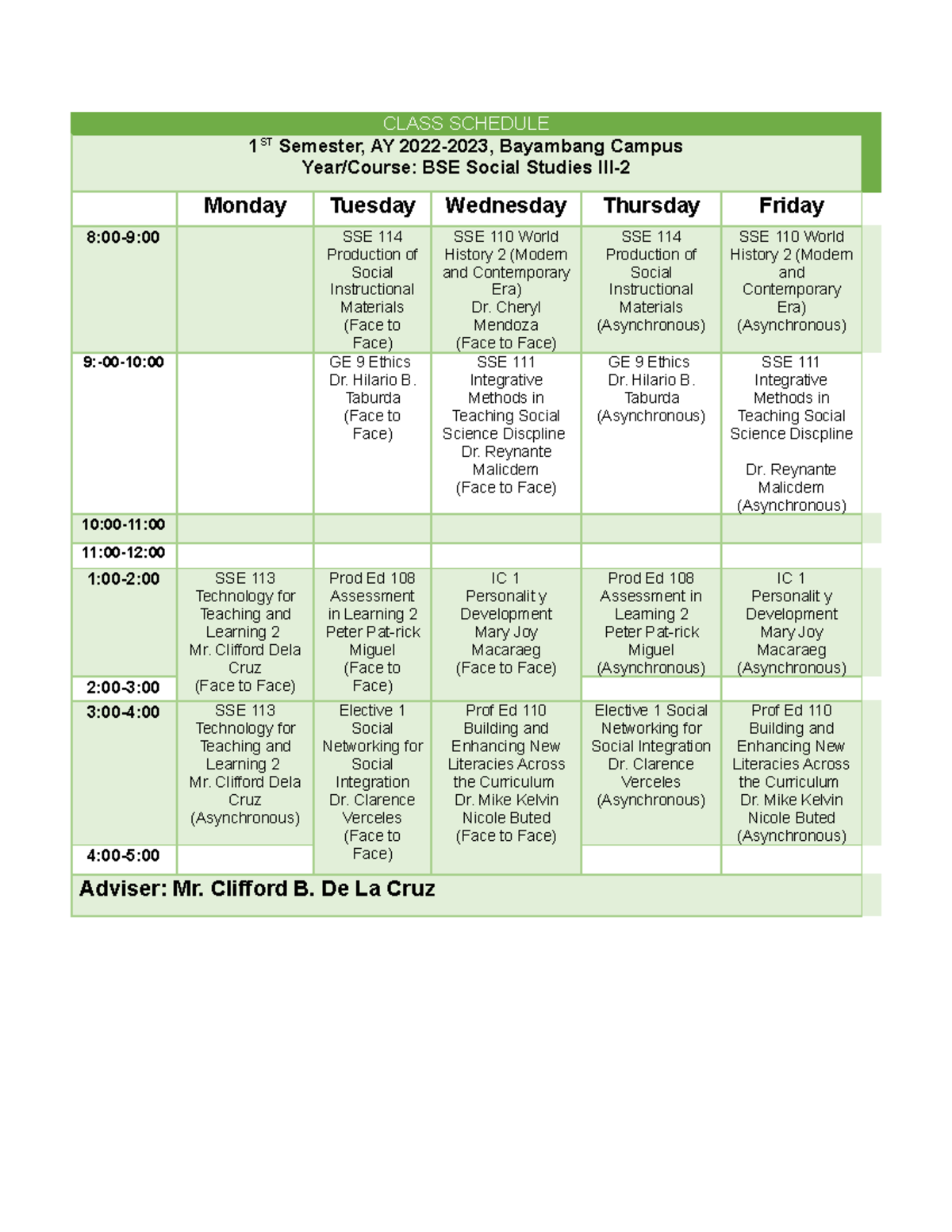 Class Schedule - hehe - CLASS SCHEDULE 1 ST Semester, AY 2022-2023