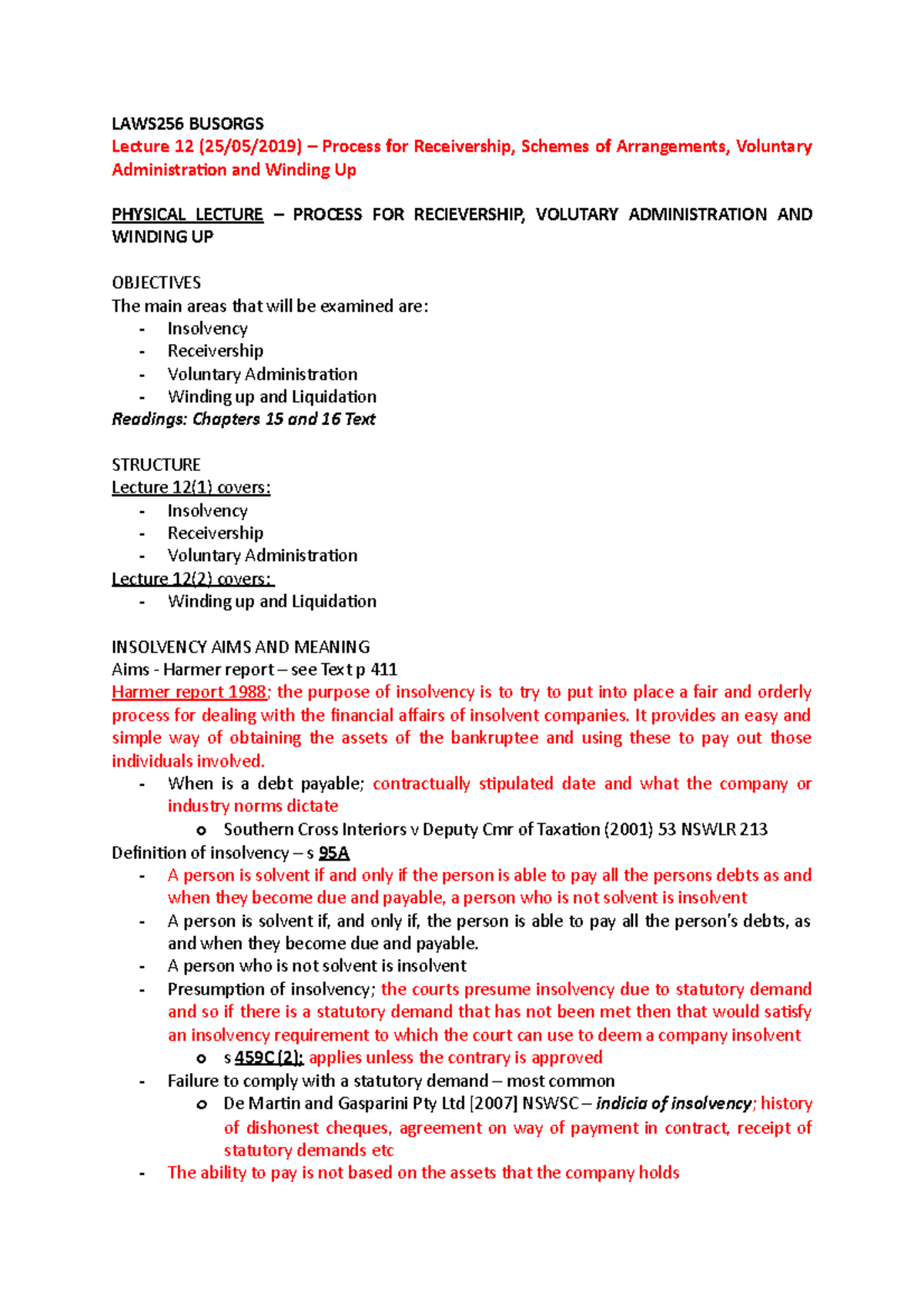 Lecture 12 Process for Receivership, Schemes of Arrangements