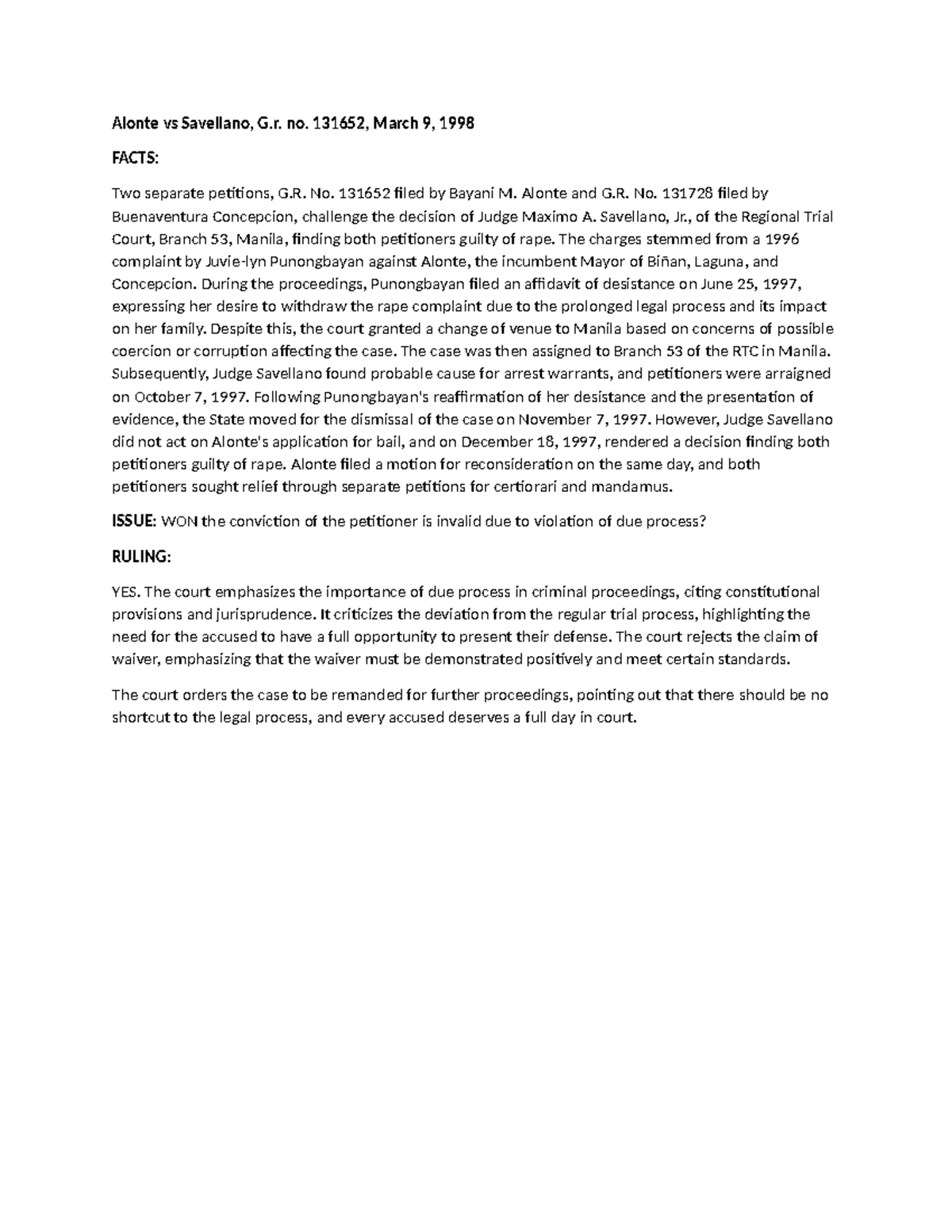 DUE Process-Alonte vs Savellano - Alonte vs Savellano, G. no. 131652 ...