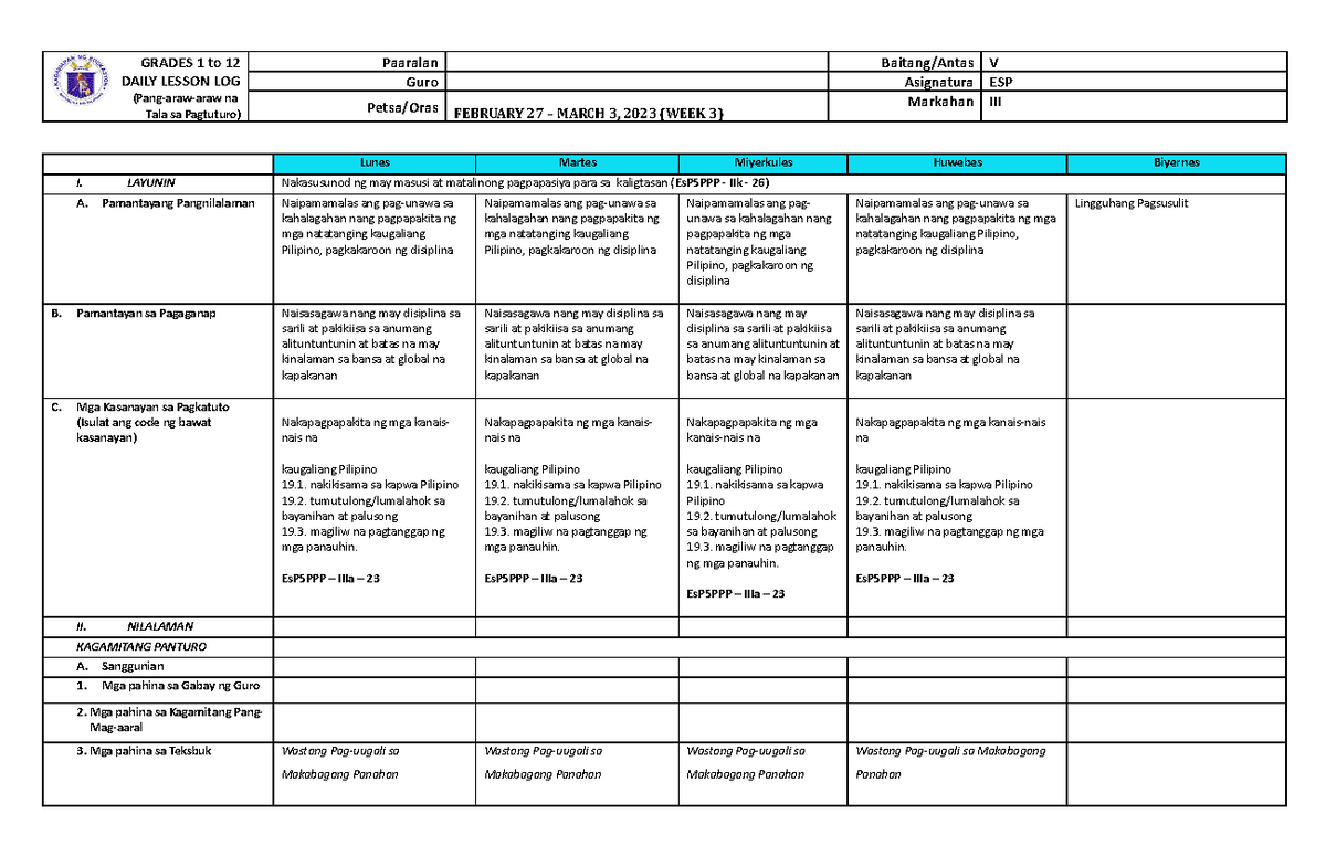 Grade 5 DLL ESP 5 Q3 Week 3 - GRADES 1 to 12 DAILY LESSON LOG (Pang ...