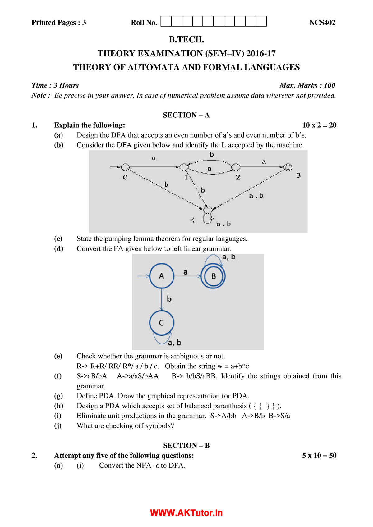 KCS402-Theory Of Automata And Formal Languages-aktutor - Printed Pages ...