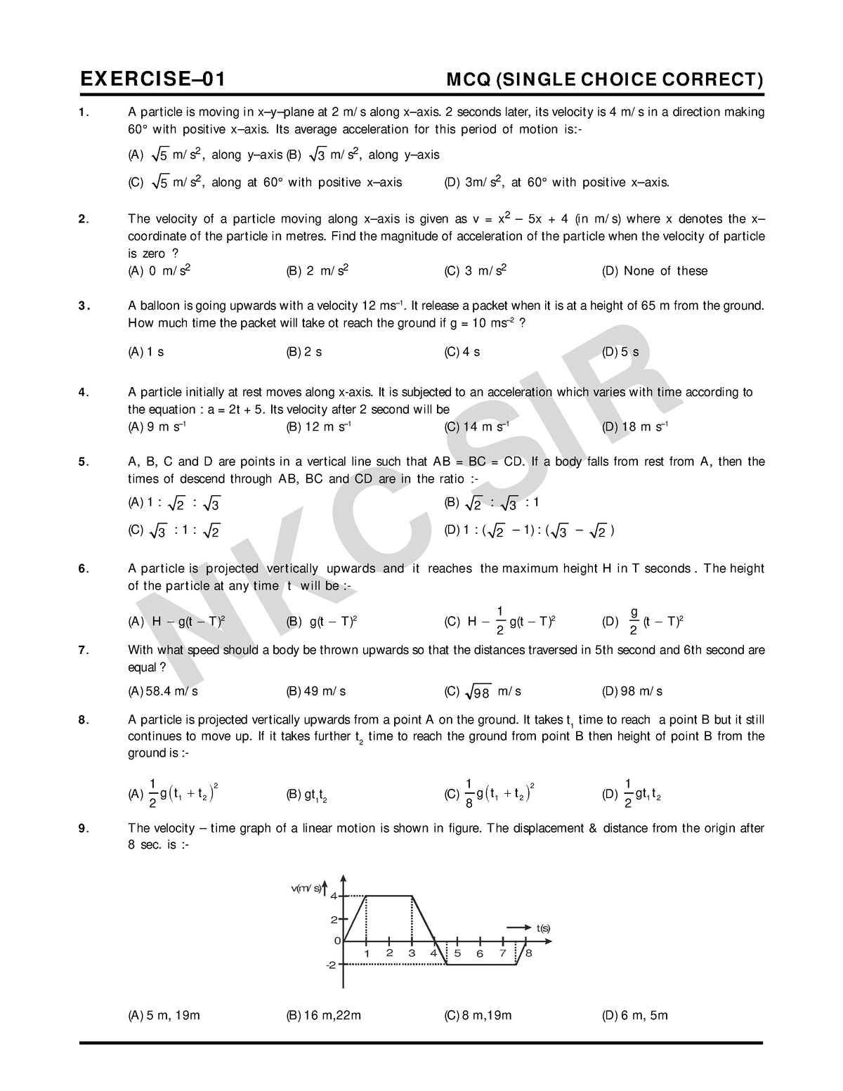 Kinematics Exercise-1 - NKC SIR EX ERCI SE–0 1 M CQ (SI N GLE CH OI CE ...