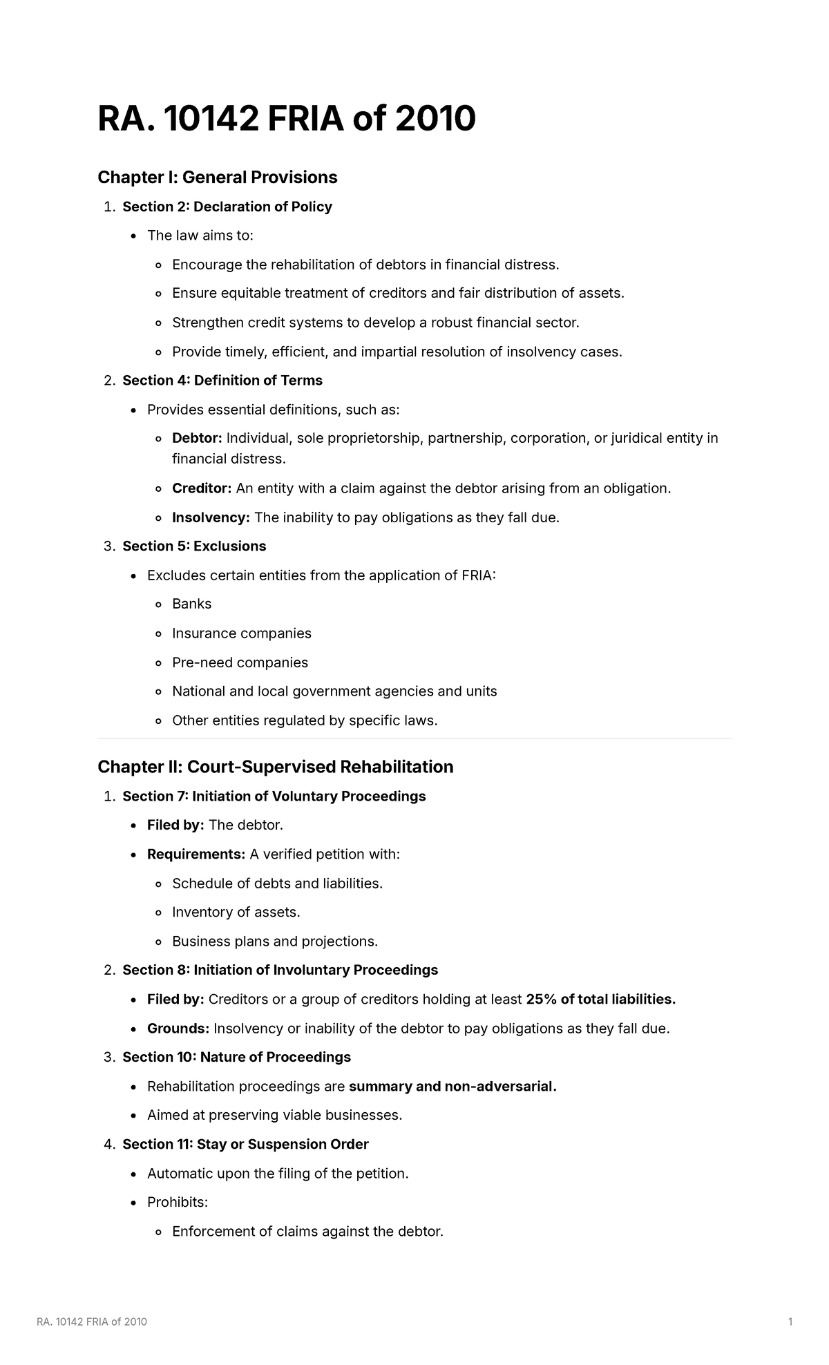 FRIA Speed - Financial rehabilitation act notes for finals - RA. 10142 ...