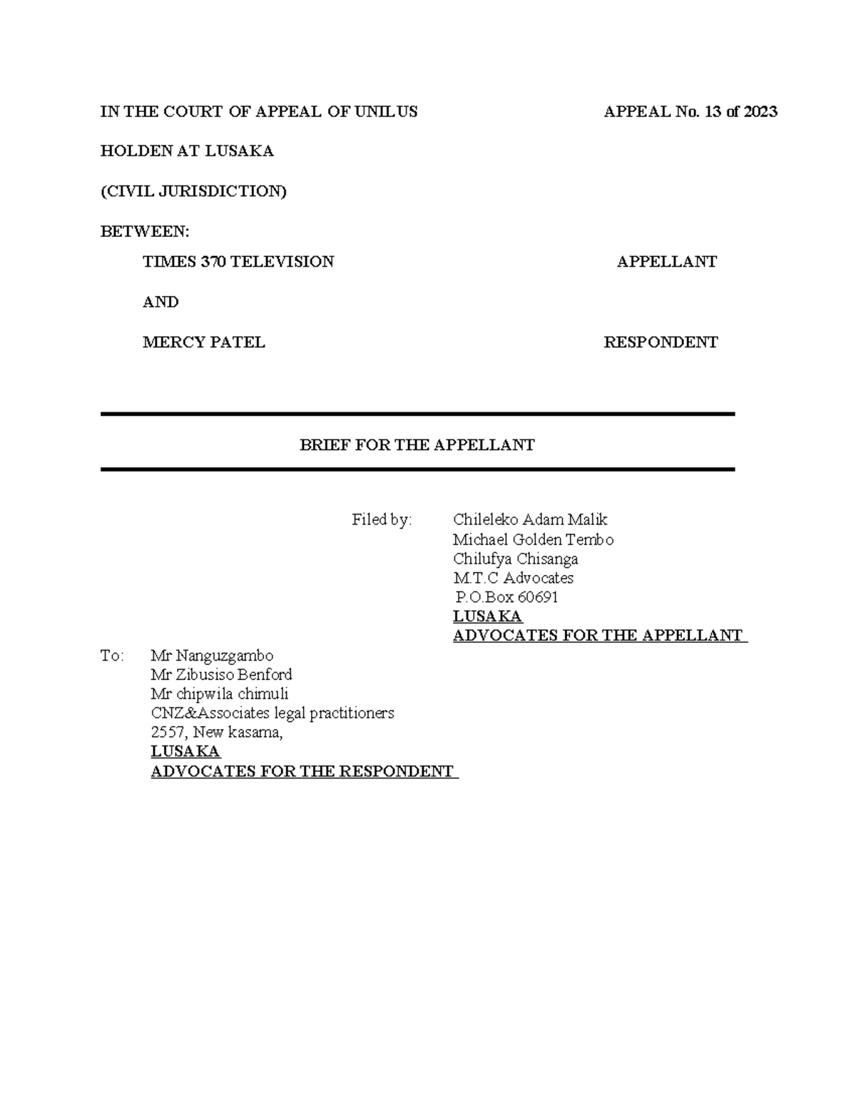 Group 13 appellant brief - IN THE COURT OF APPEAL OF UNILUS APPEAL No ...