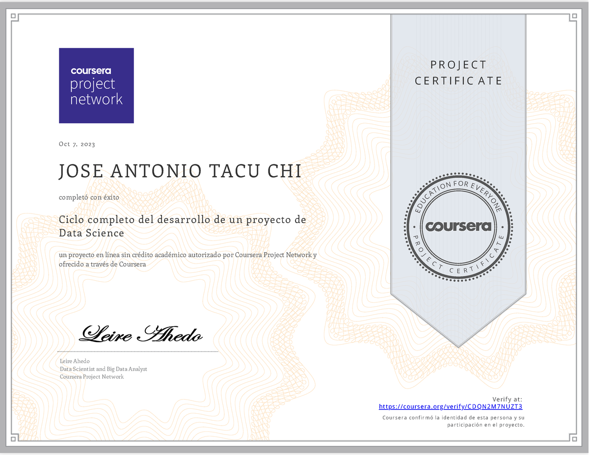 Coursera Certificado P R O J E C T C E R T I F I C A T E E D U C A T I O N F O R E V E R Y O