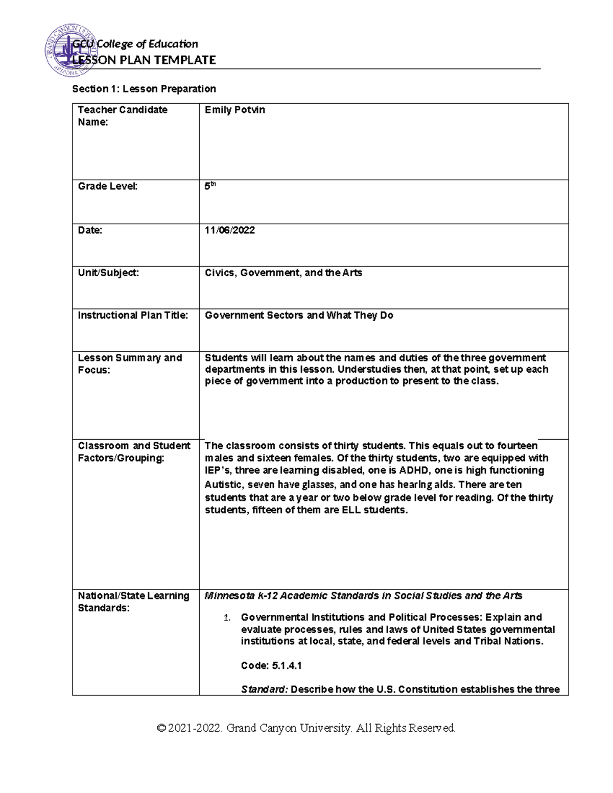ELM 351 Civics Government Lesson Plan - LESSON PLAN TEMPLATE Section 1 ...
