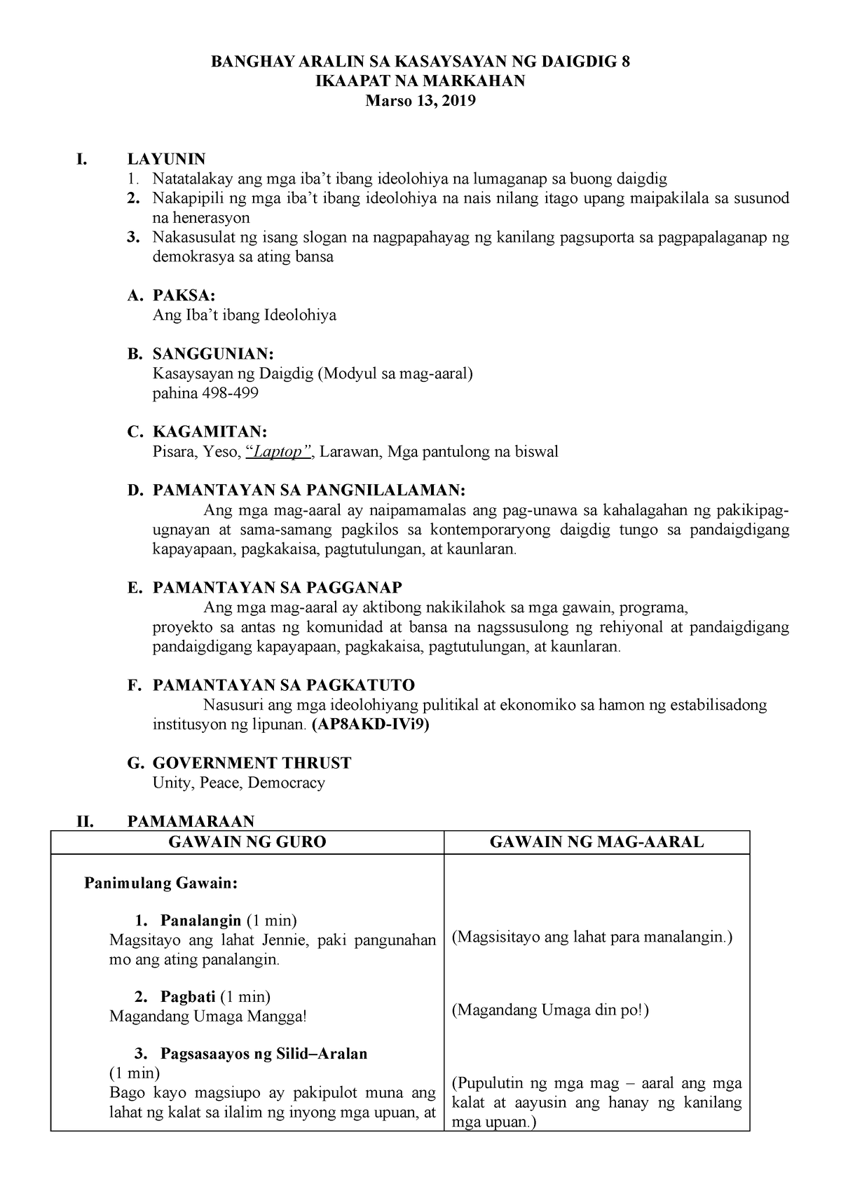 Final Demo1 Lesson Plan Banghay Aralin Sa Kasaysayan Ng Daigdig 8 Ikaapat Na Markahan Marso 4296