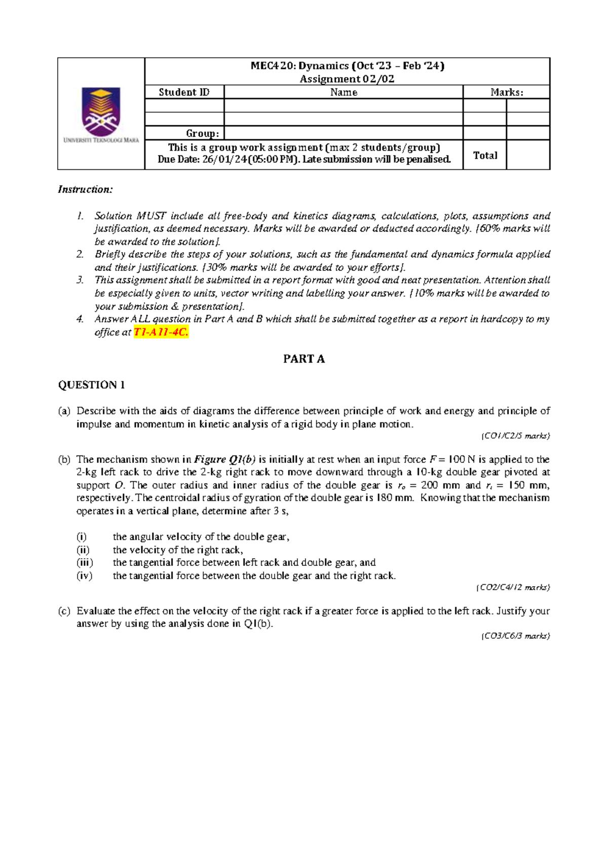 MEC420 Assignment 02 Oct 2023 Feb 2024 - MEC420: Dynamics (Oct ‘23 ...