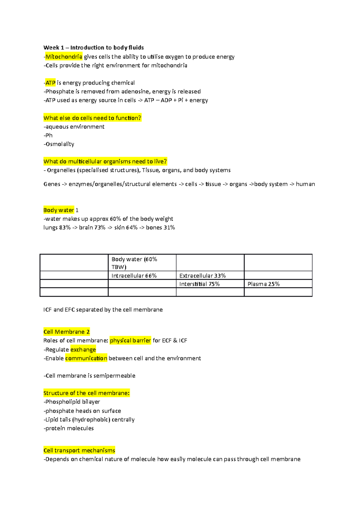 Week 1 Body systems - Rough notes - Week 1 – Introduction to body ...