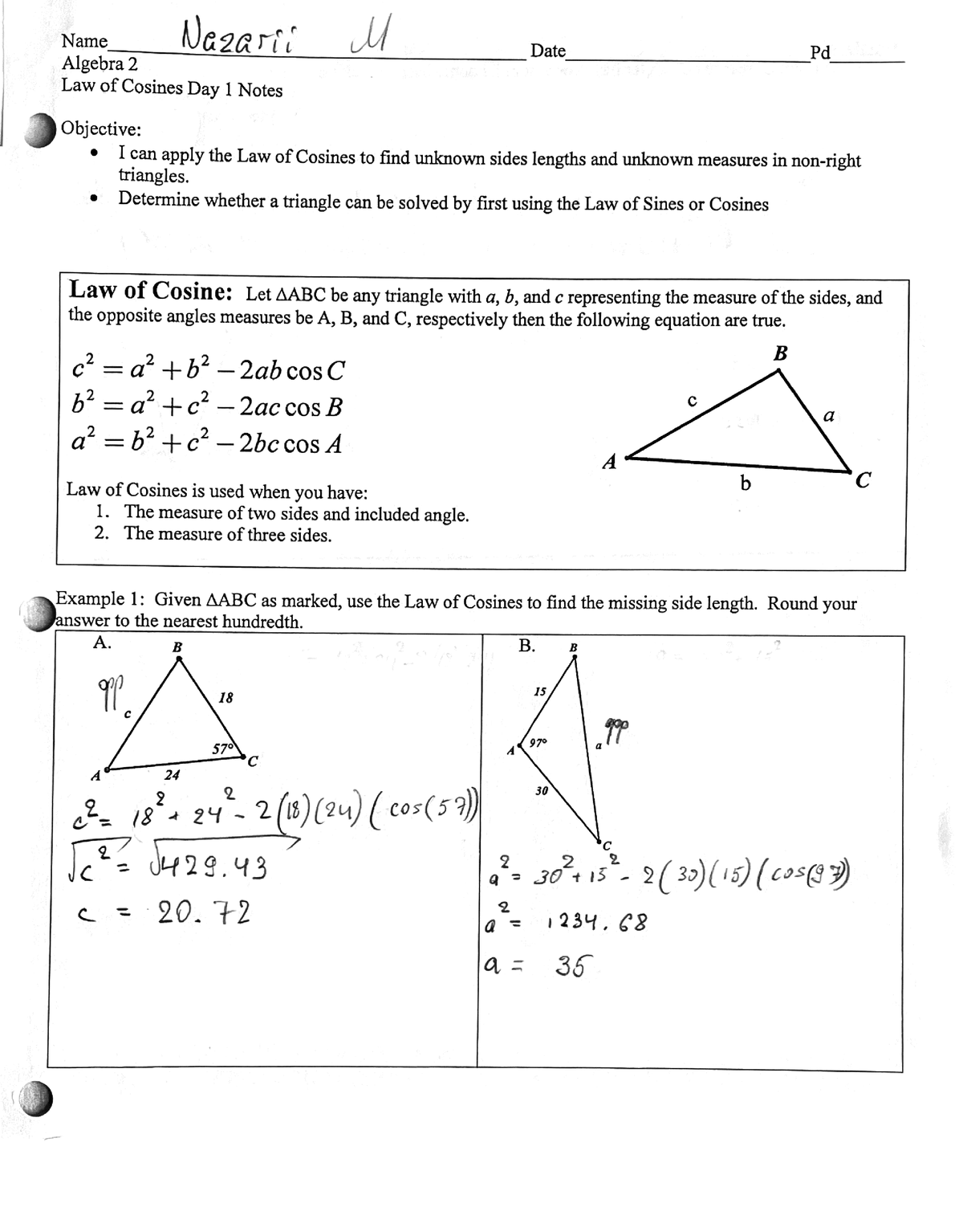 Algebra 2 - Law of Cosines Notes - AS.110.756. - Studocu