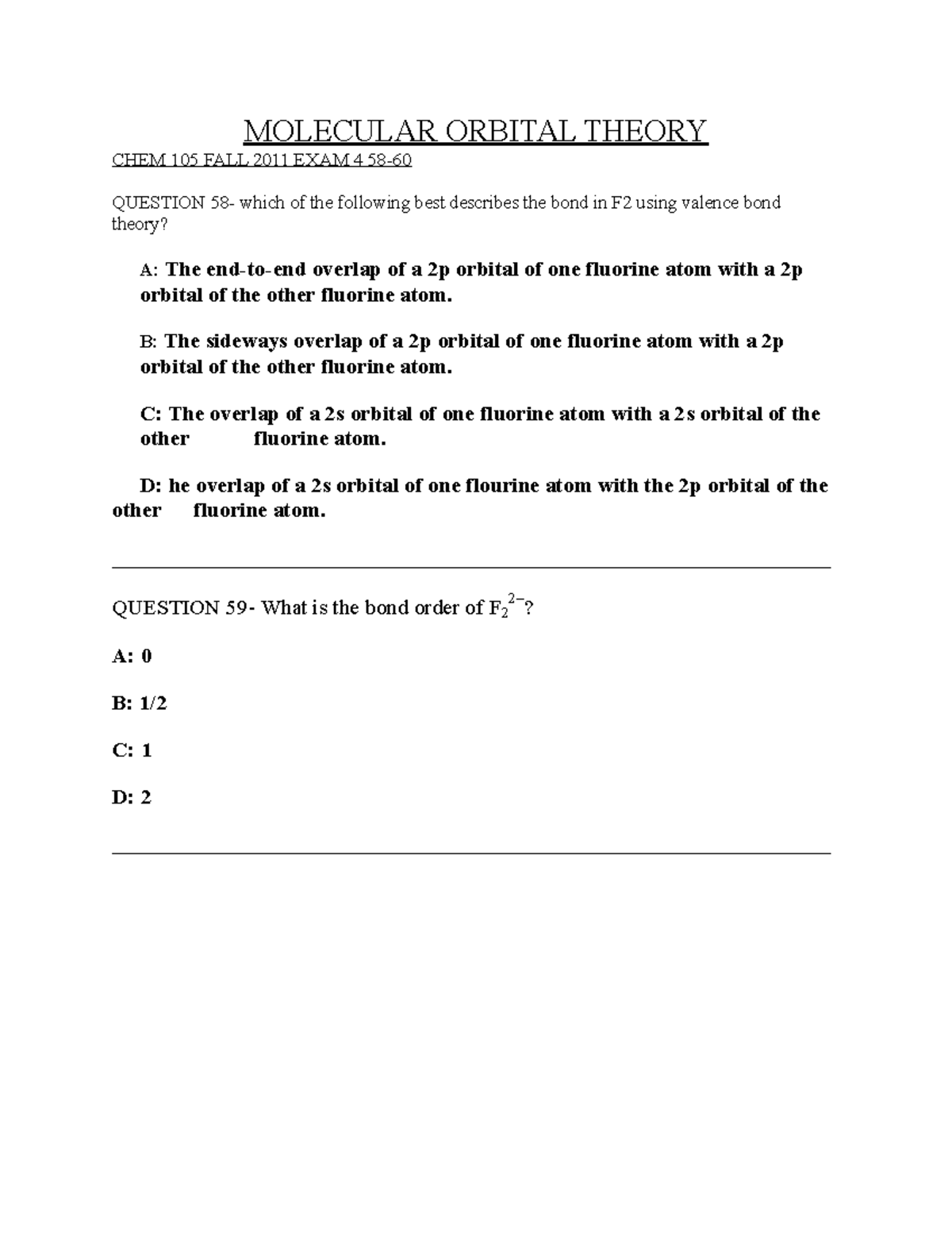 CHEM 107 Final Exam Study Guide and questions - MOLECULAR ORBITAL 