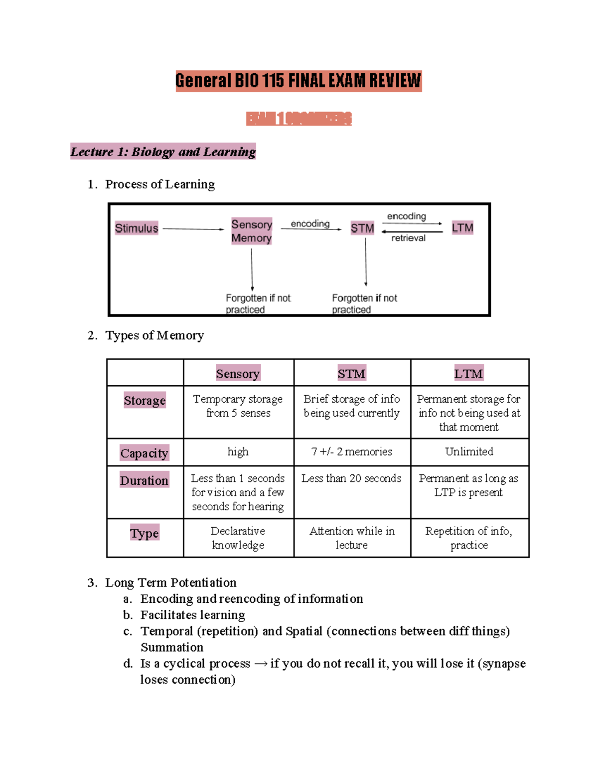 BIO 115 Final Review - General BIO 115 FINAL EXAM REVIEW EXAM 1 ...