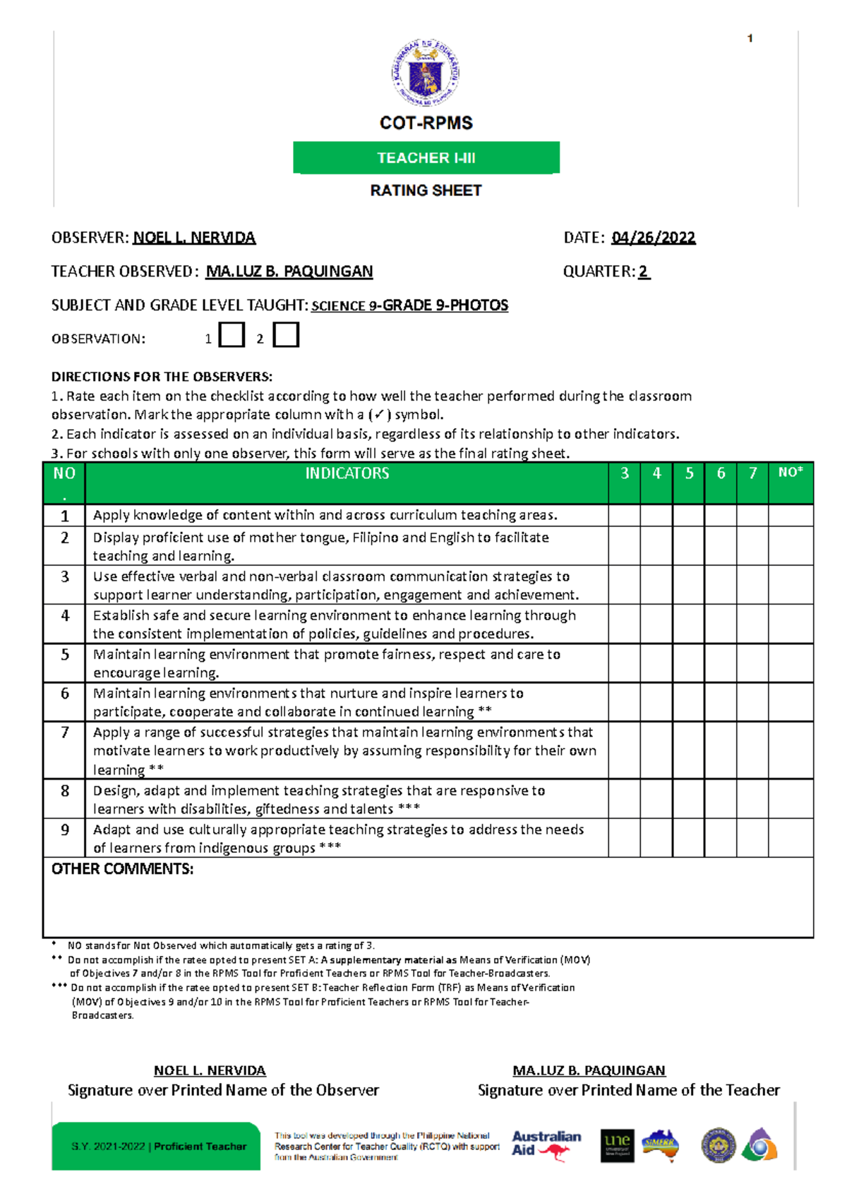 COT-RPMS Teacher-I III Rating- Sheet-I-PAGE-ONLY - OBSERVER: NOEL L ...