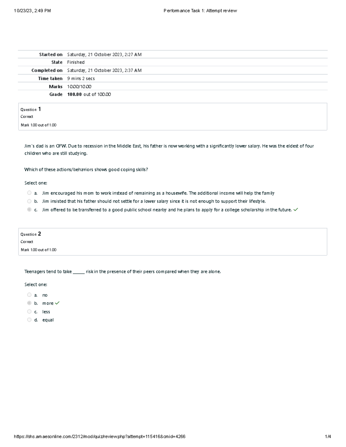 Performance Task 1 Attempt review - Started on Saturday, 21 October ...