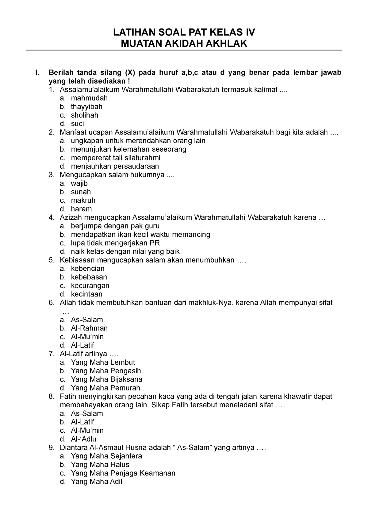 Latsol PAT Kelas 4 Akidah Akhlak - LATIHAN SOAL PAT KELAS IV MUATAN ...