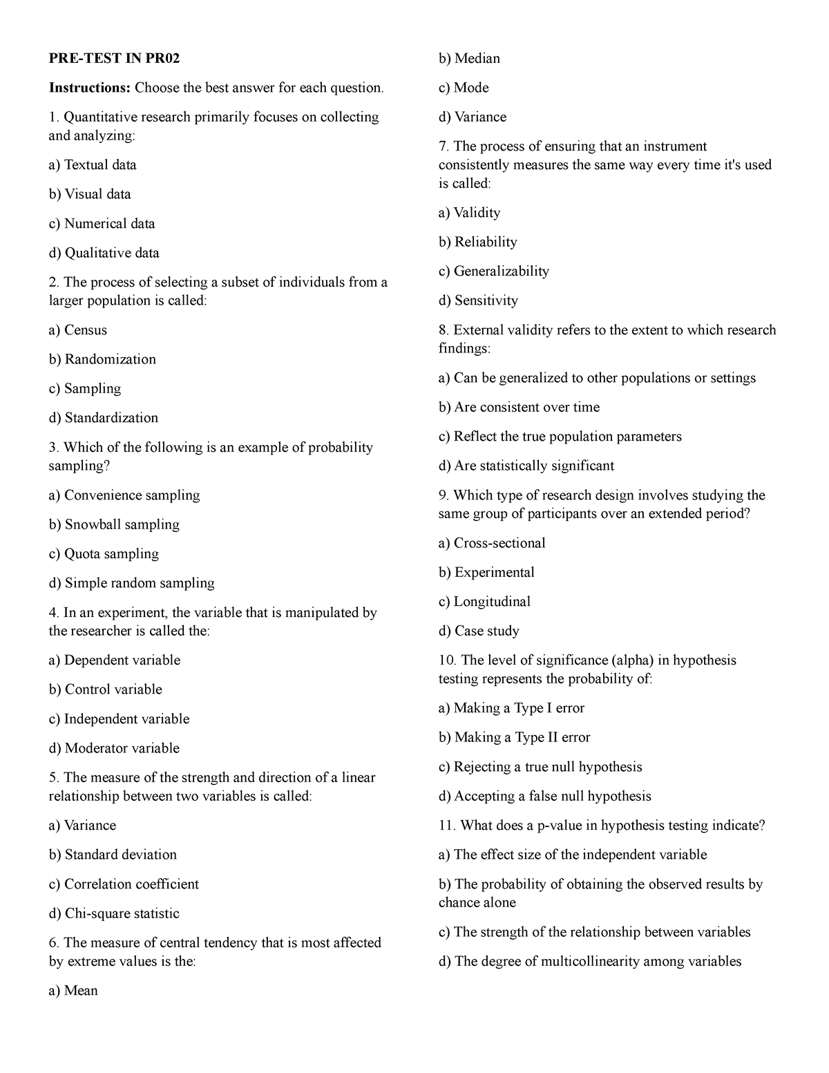 PR2 PRE-TEST - QUIZ - PRE-TEST IN PR Instructions: Choose the best ...