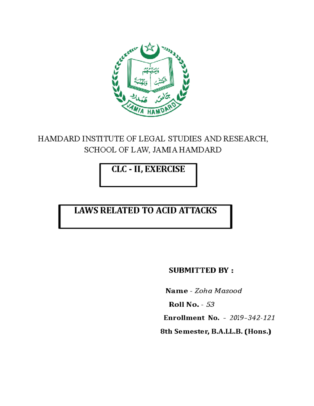 Acid Attack laws CLC II, EXERCISE LAWS RELATED TO ACID ATTACKS