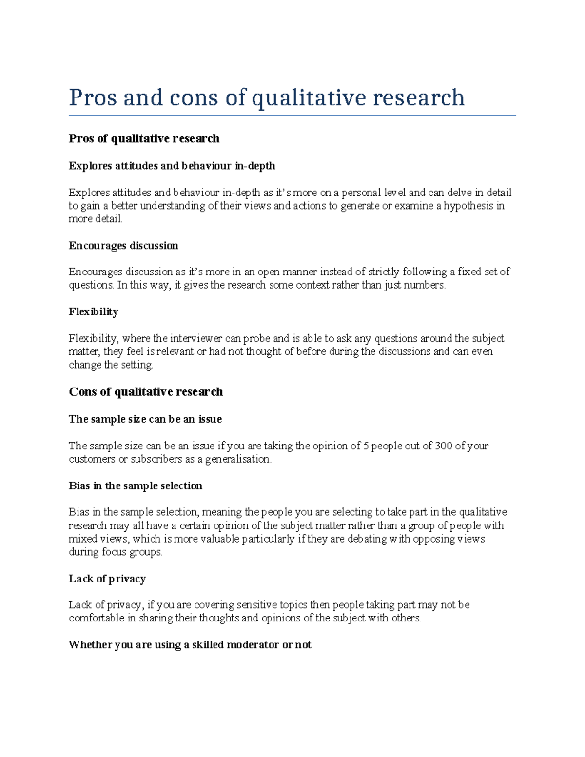 Research - just a trial - Pros and cons of qualitative research Pros of ...