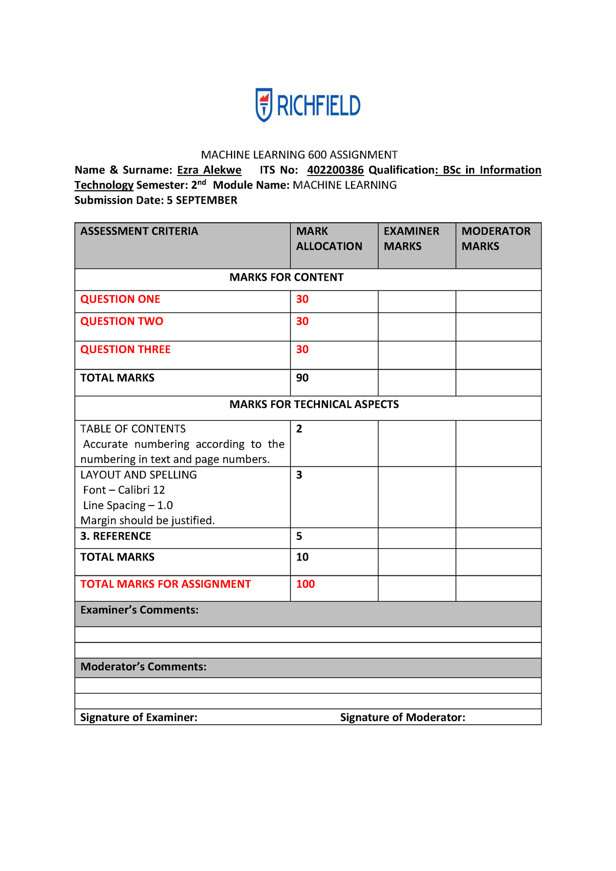 machine learning 600 assignment