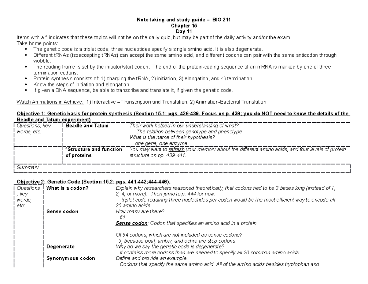 BIO 211-Day 11 Translation - Note taking and study guide – BIO 211 ...