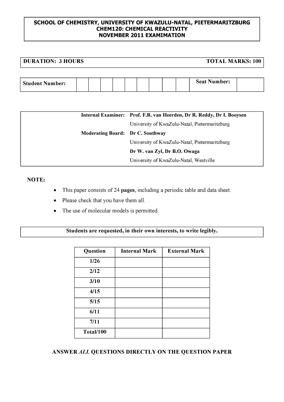 Exam 12 November 2011, questions - SCHOOL OF CHEMISTRY, UNIVERSITY OF ...