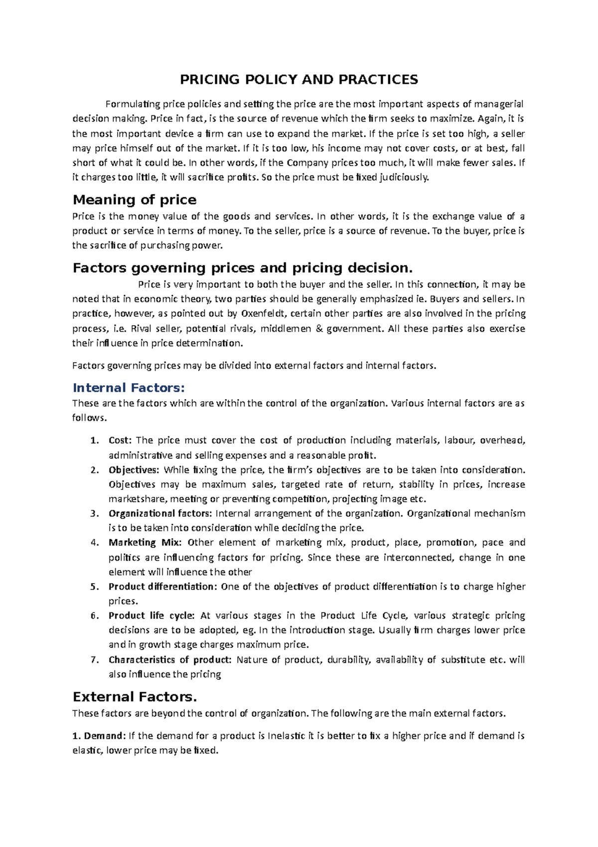 Pricing Policy AND Practices 2 PRICING POLICY AND PRACTICES