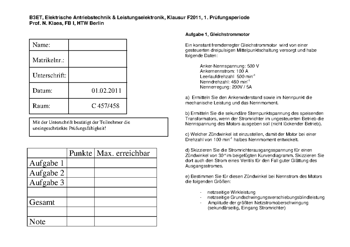 Klausur Leistung Elektronik - Leistungselektronik - HTW Berlin - Studocu