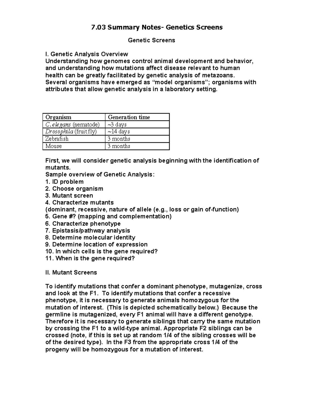 7.03 Summary Notes- Genetics Screens - Genetic Screens I. Genetic ...