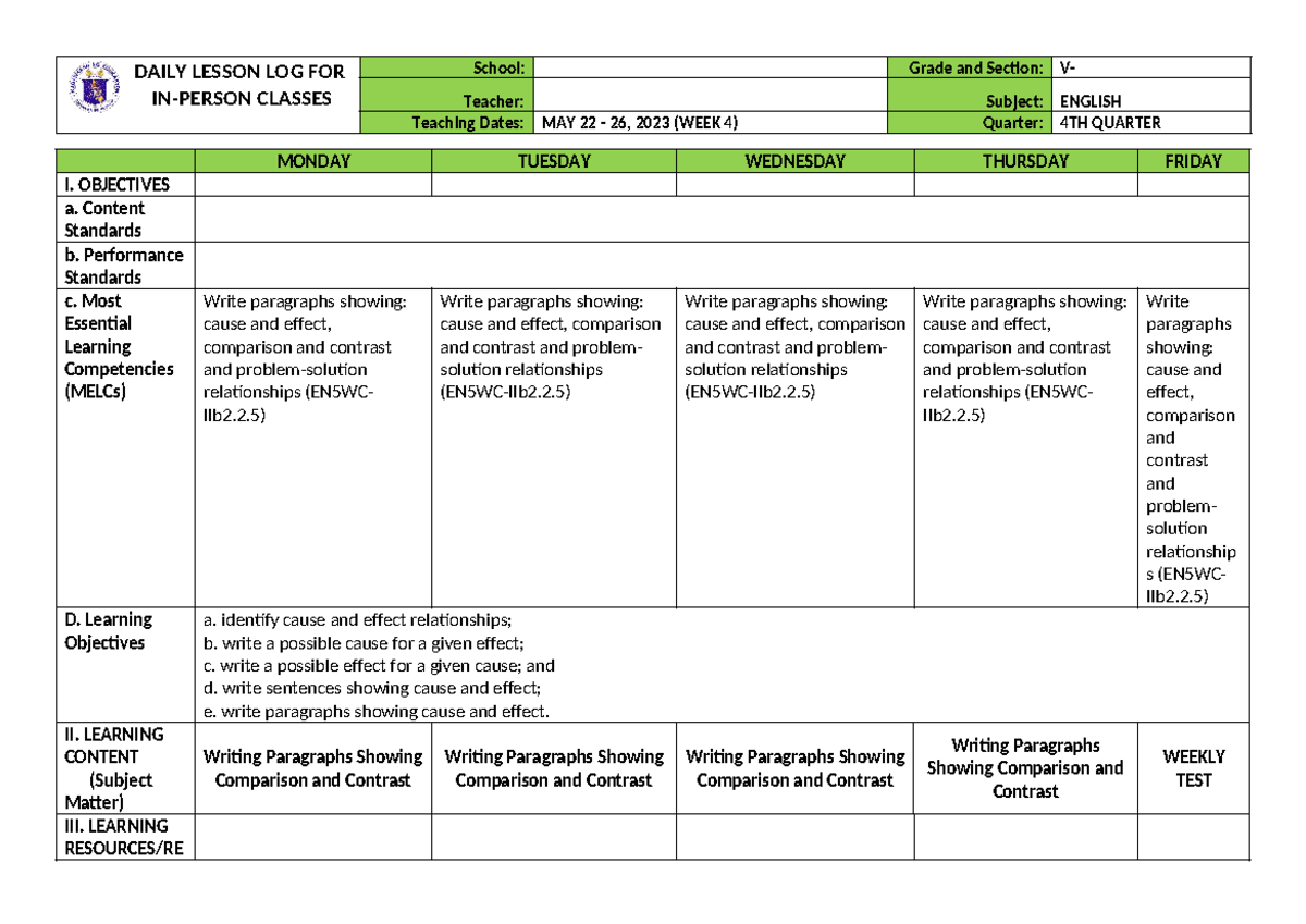 English 5 WEEK 4 - DAILY LESSON LOG FOR IN-PERSON CLASSES School: Grade ...