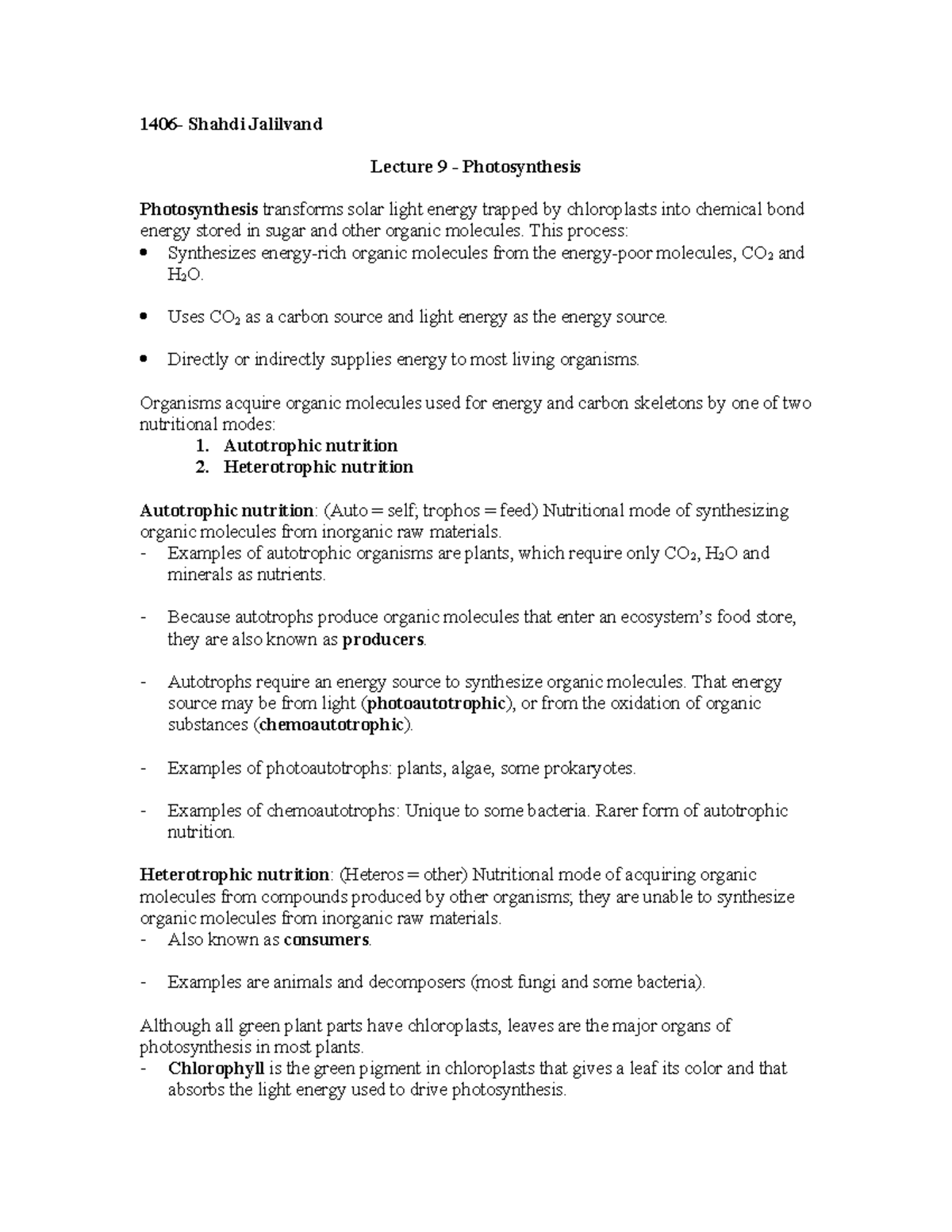 1406+lecture+9-Photosynthesis - 1406- Shahdi Jalilvand Lecture 9 ...
