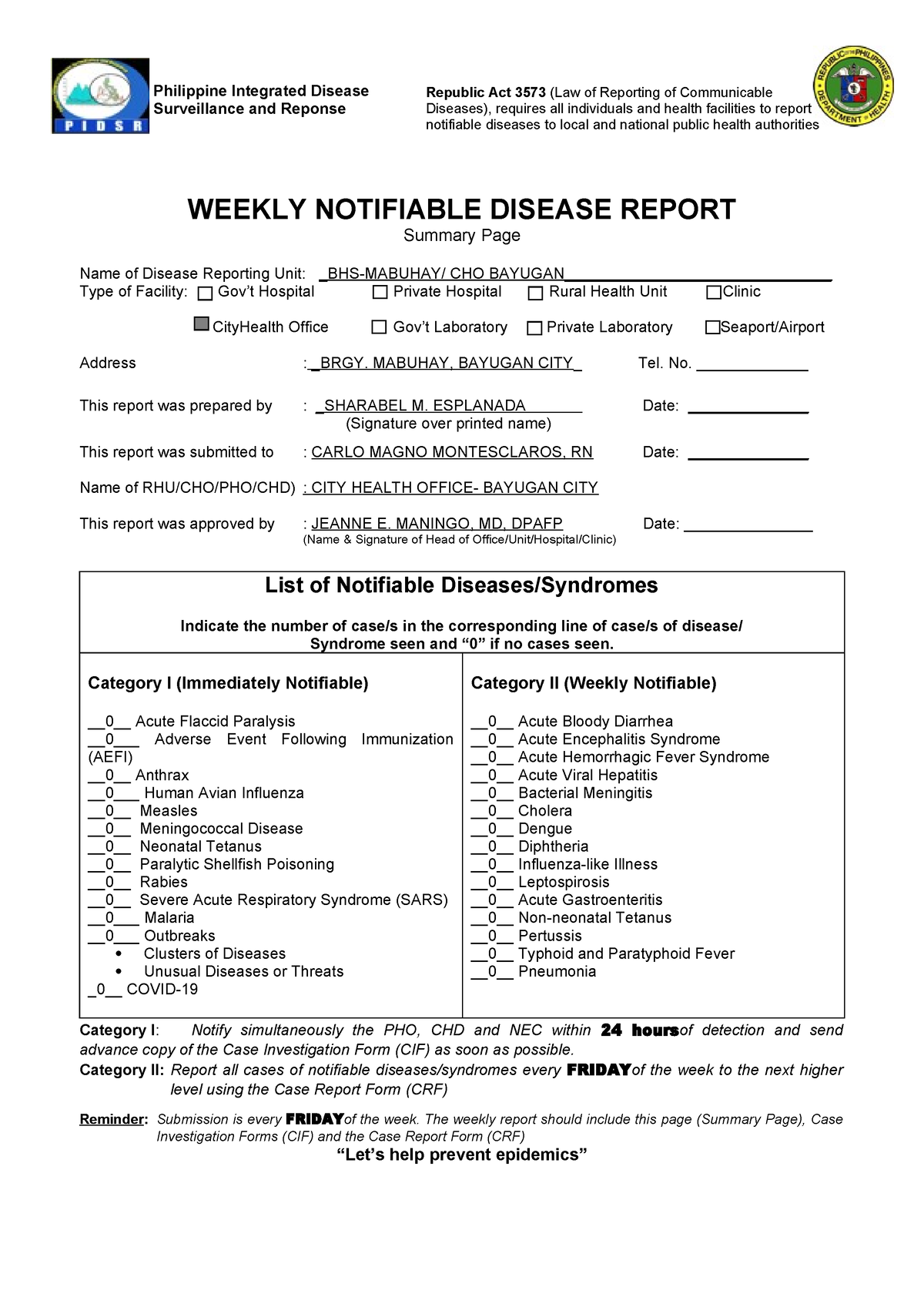 Weekly- Notifiable - WEEKLY NOTIFIABLE DISEASE REPORT Summary Page Name ...