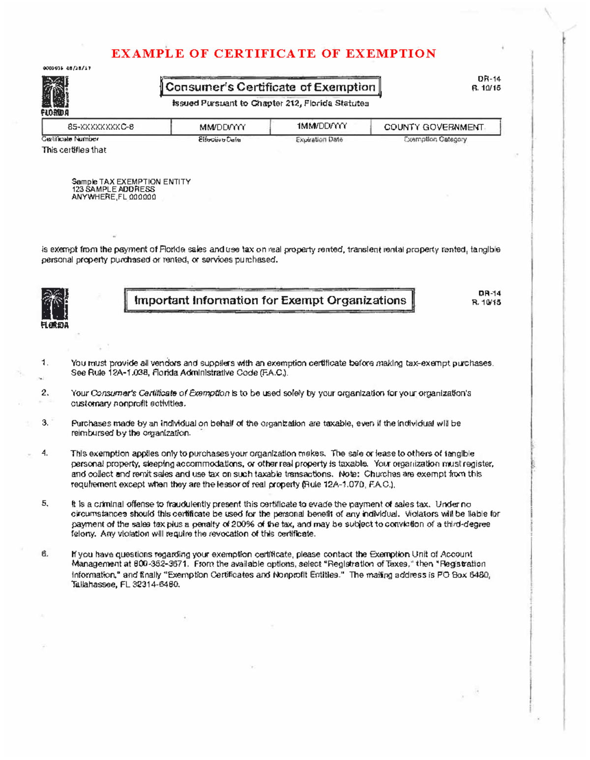 Sample Certificate of Exemption 000001' 01/ll/! II FLORIDA II