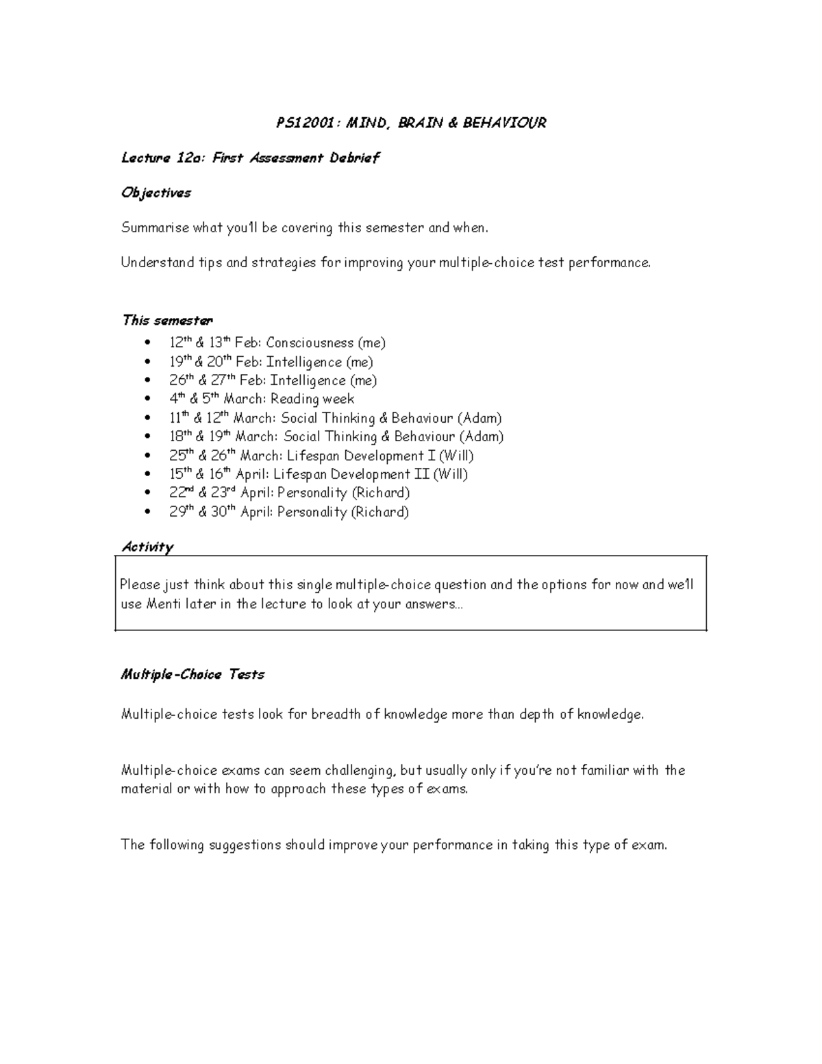 Lecture 12a Mock Exam Debrief Handout 2324 - PS12001: MIND, BRAIN ...