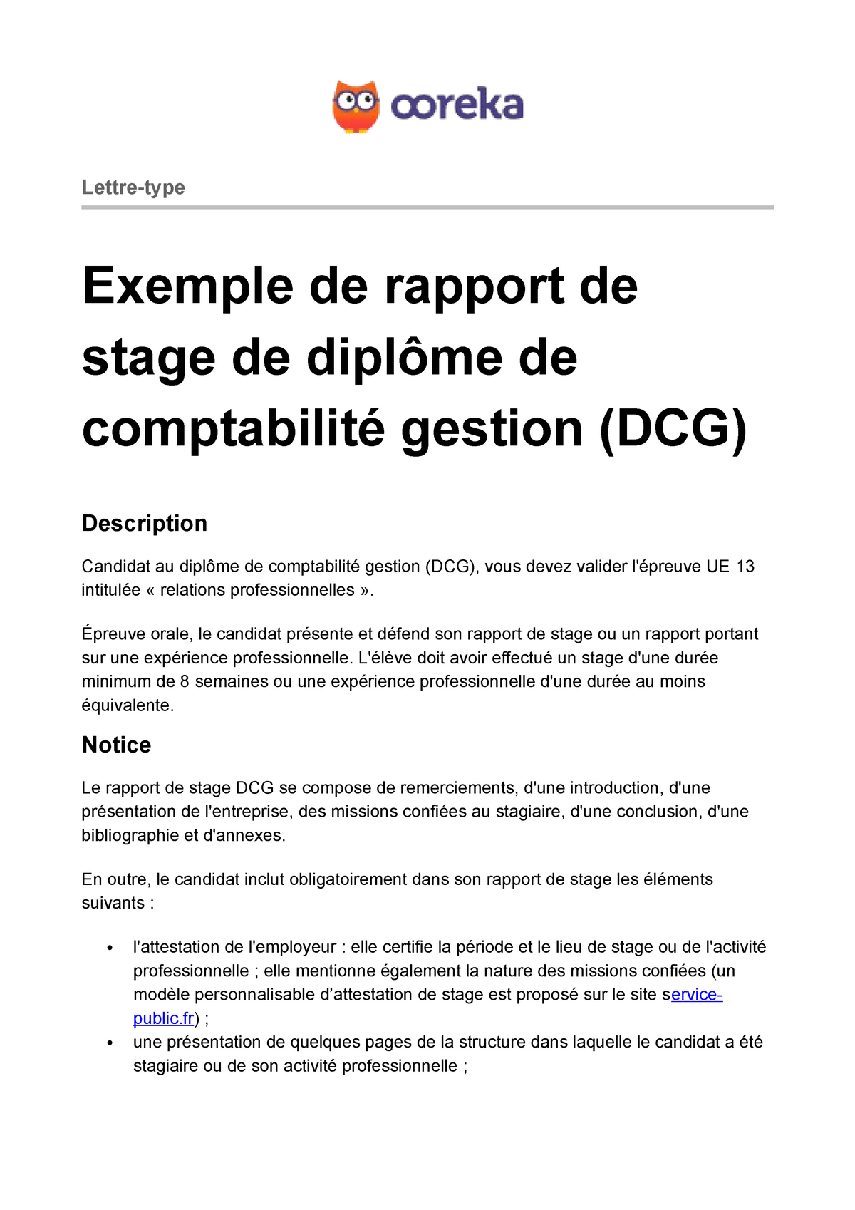 Ooreka exemple rapport stage comptabilite gestion dcg  Lettretype