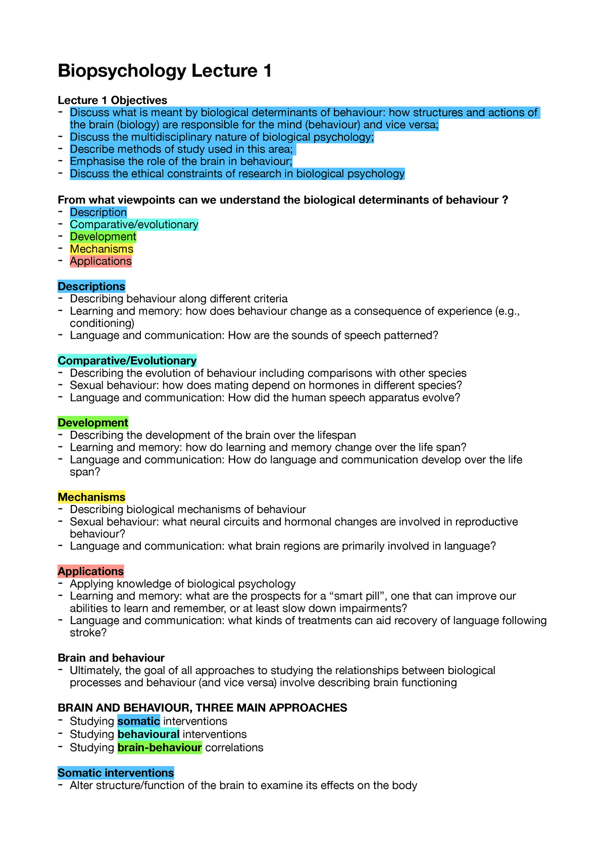 Biopsych- Lecture 1 Pdf - Biopsychology Lecture 1 Lecture 1 Objectives ...