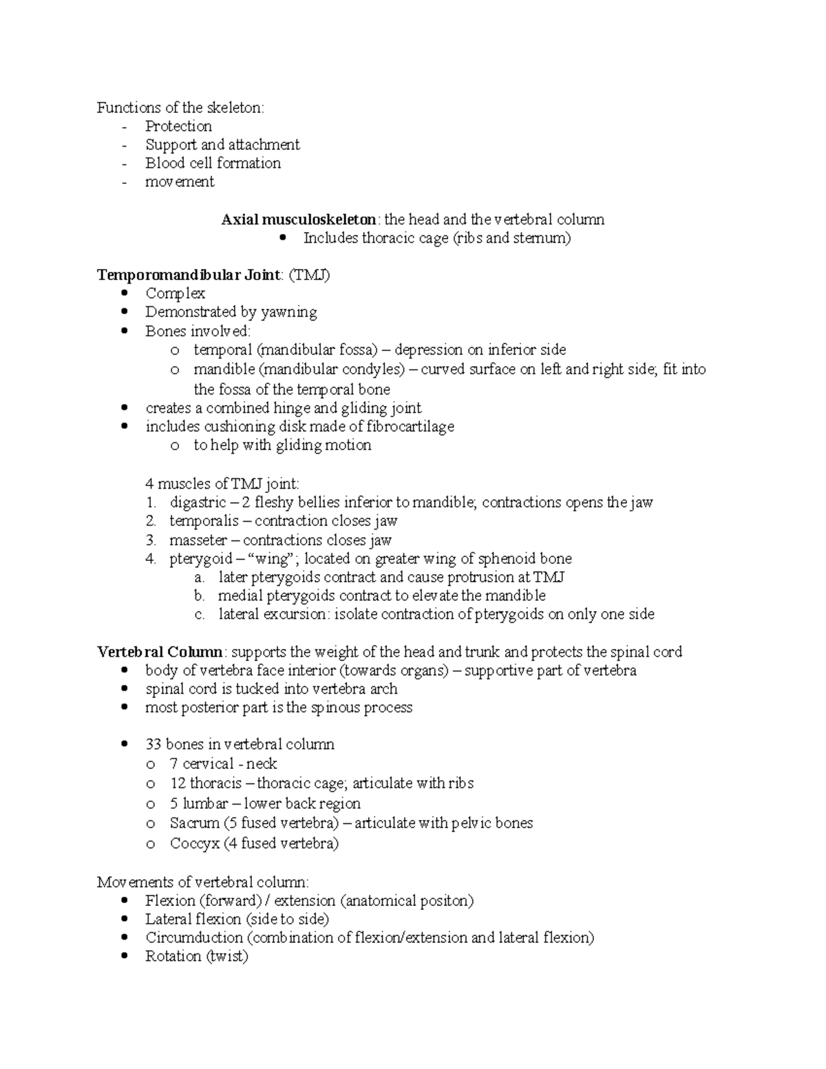 Unit 4 - Musculoskeleton - Functions of the skeleton: - Protection ...