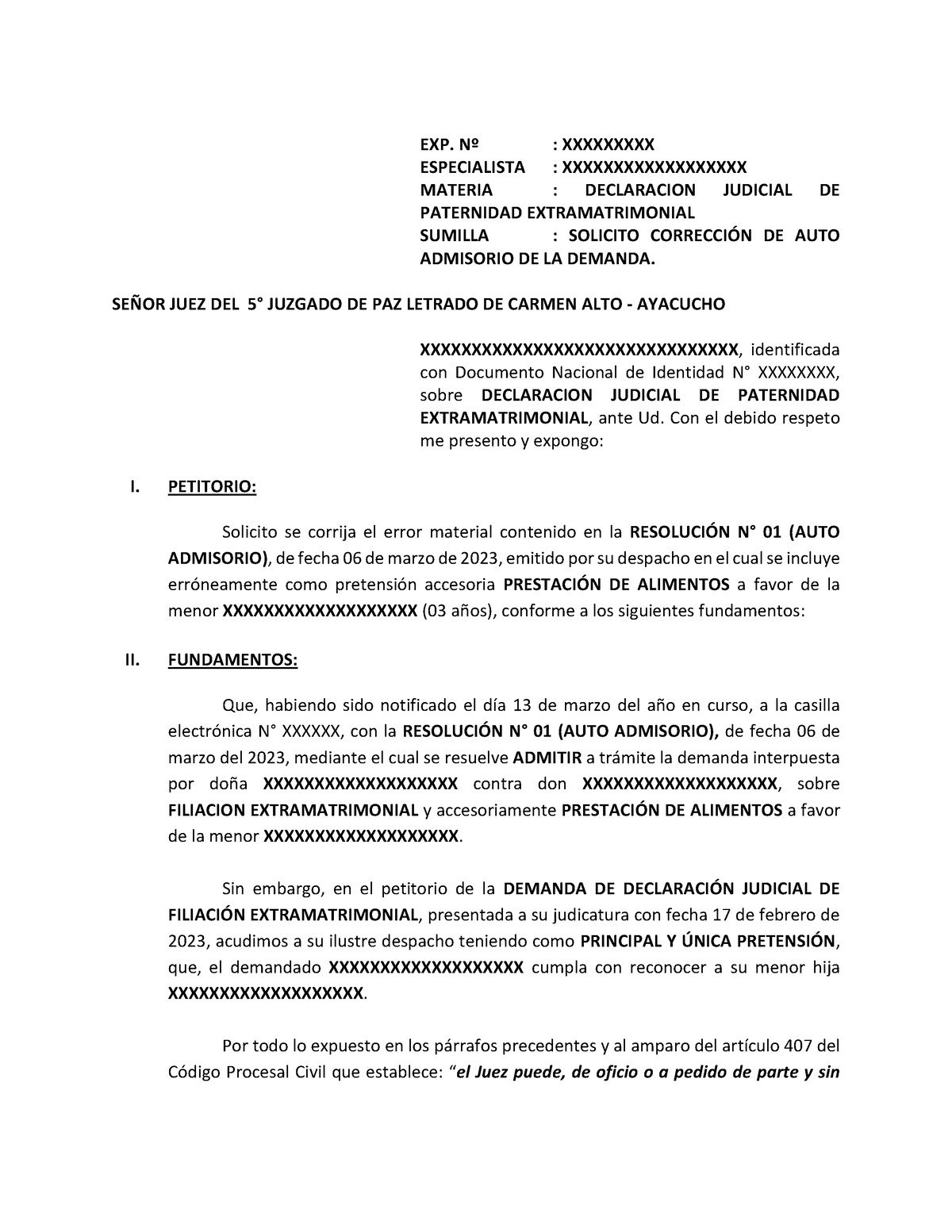 Corrección De Auto Admisorio De La Demanda - Exp. N∫ : Xxxxxxxxx 