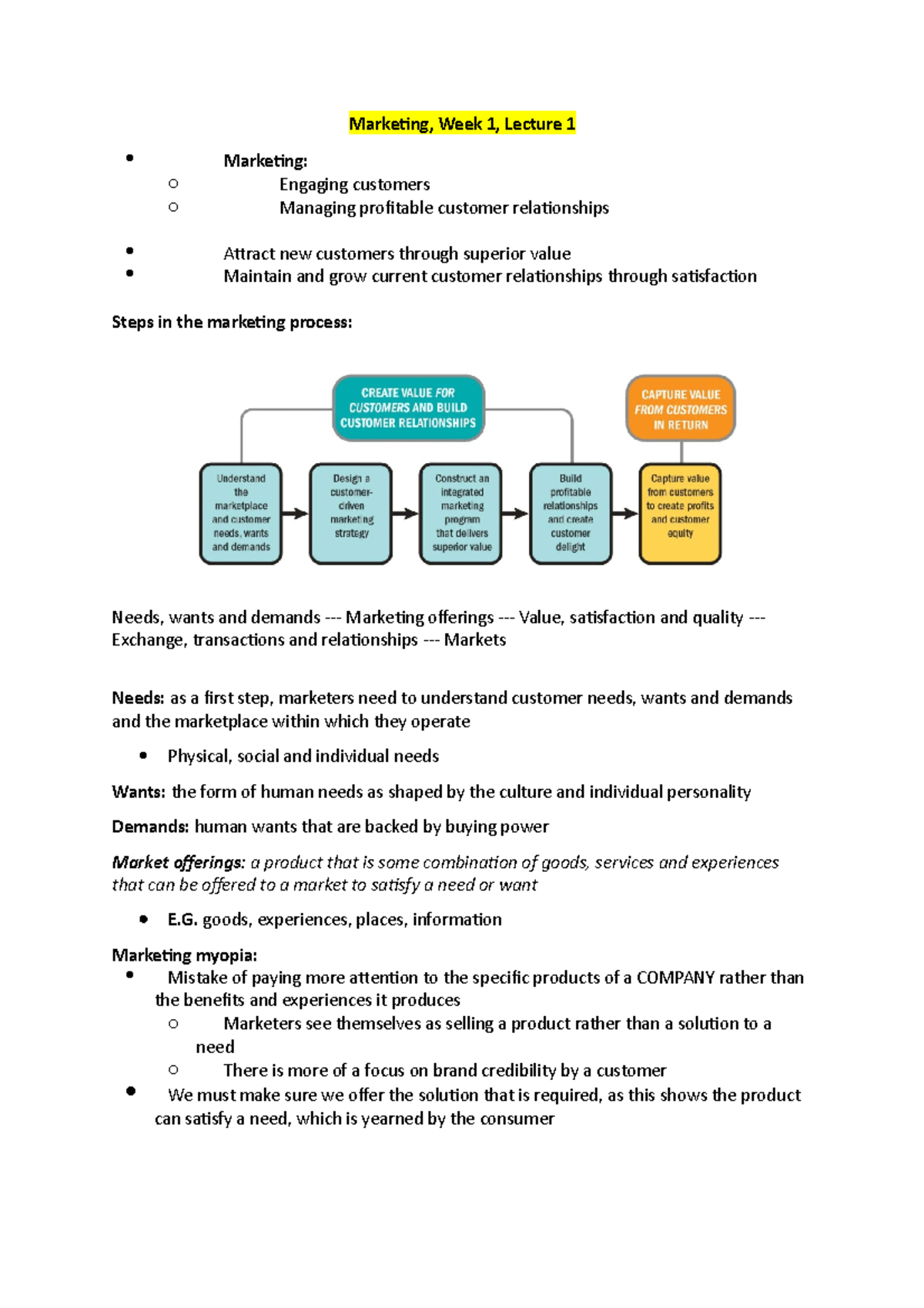 Week 1, Lecture 1 Notes Marketing - Marketing, Week 1, Lecture 1 O O ...